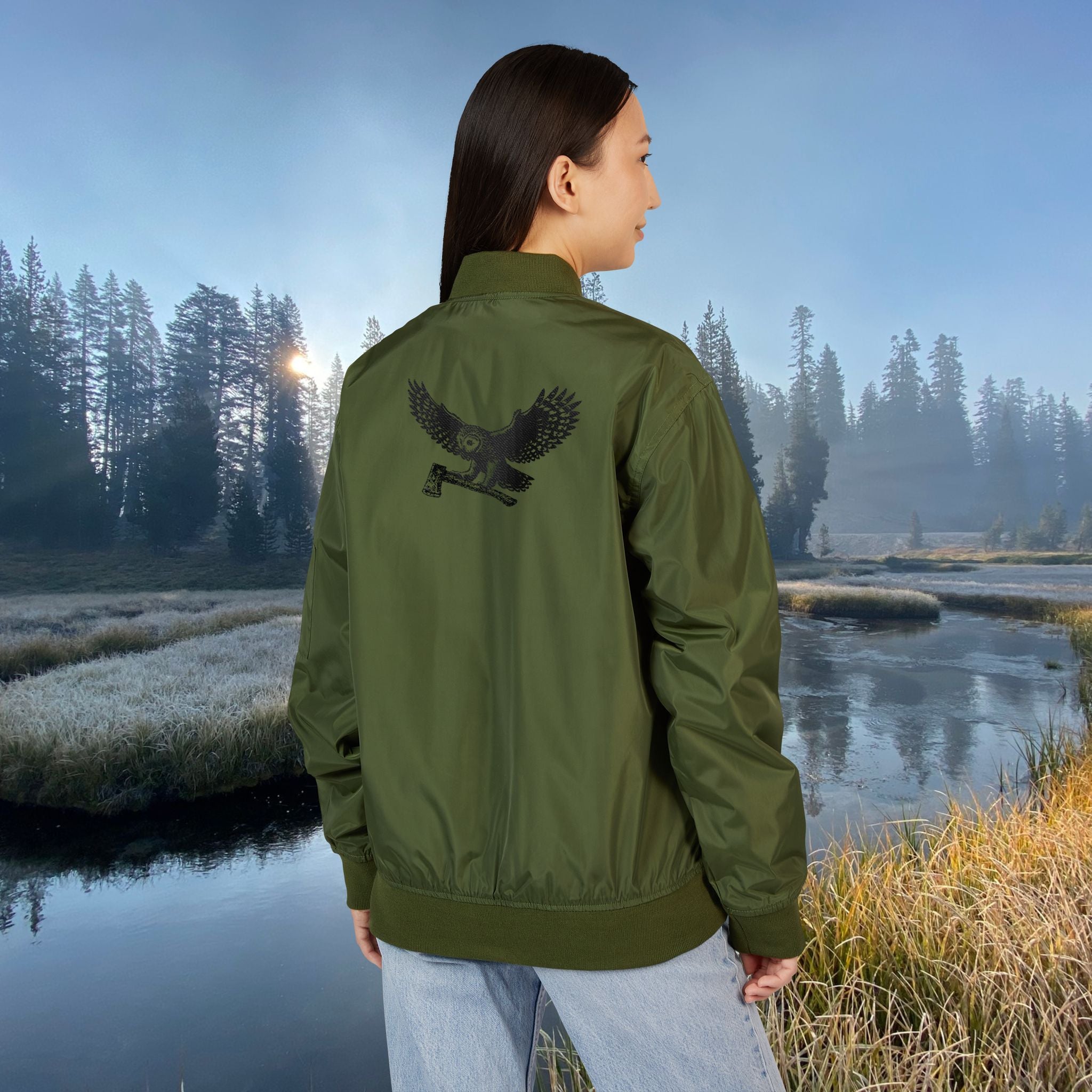 WORLDWIDE SHIPPING  Unisex Eco-Friendly Embroidered Bomber Jacket, MotoSierra Owl Logo Unique Gift for Nature Lovers, Casual Wear, Unisex Style
