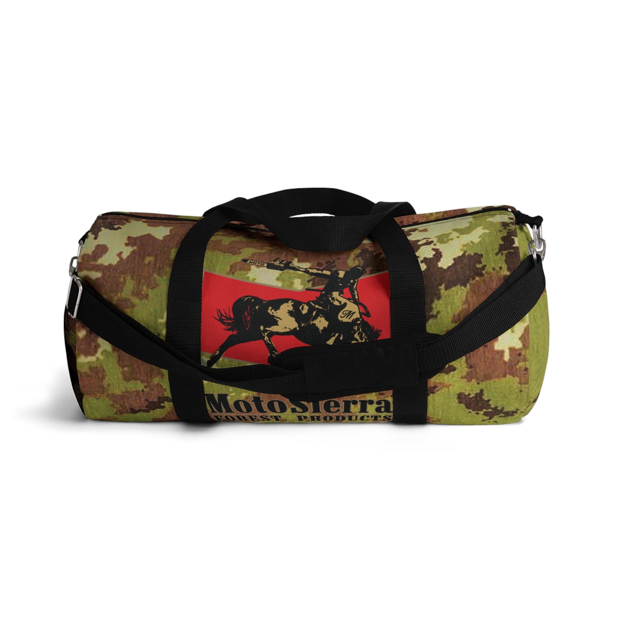 Mimetico Pattern Cowboy Logo Motosierra Adventure Duffel Bag - Perfect for Gym, Travel, Outdoor Activities, Gifts