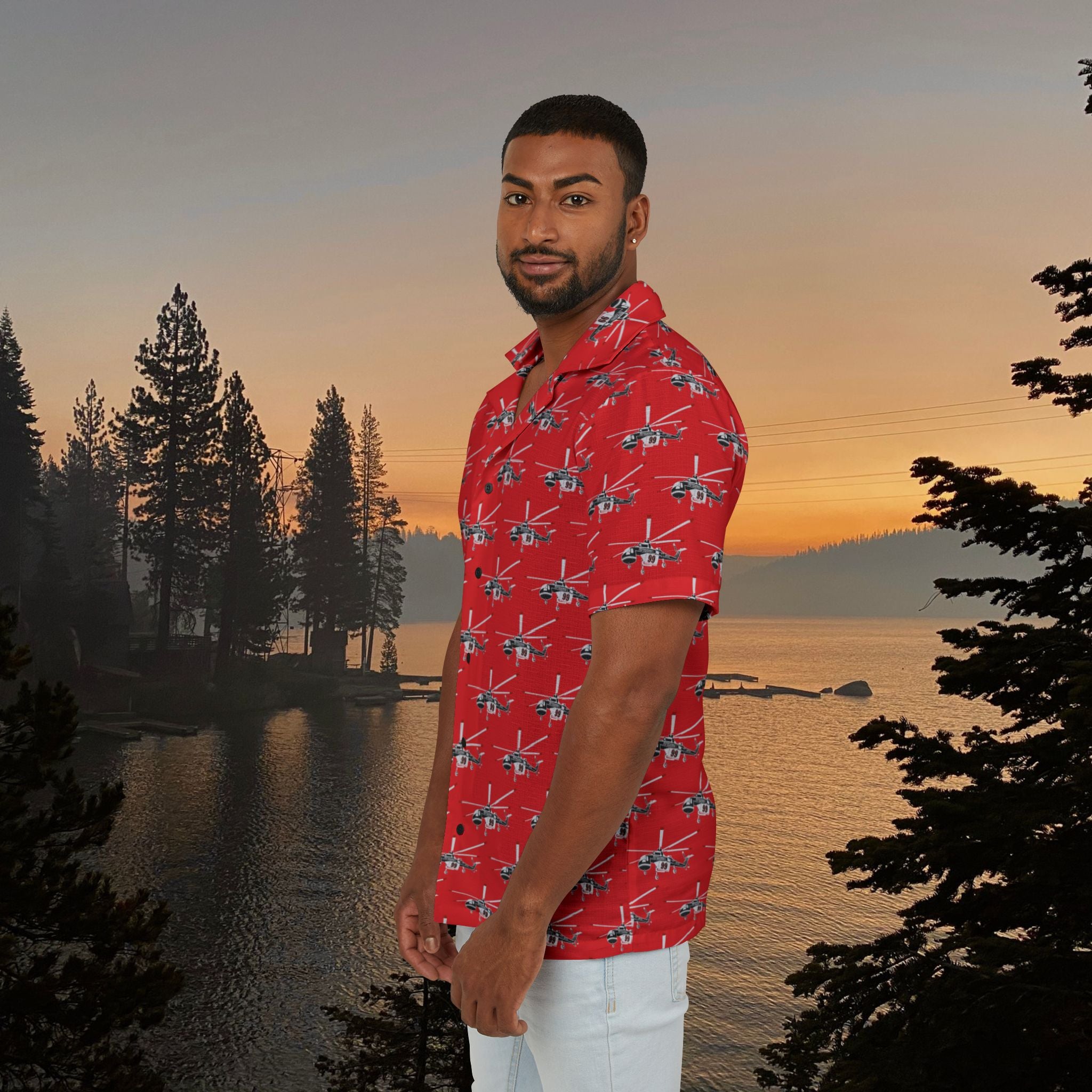 Sky Crane, Red Men's Hawaiian Shirt | Vacation Wear, Summer Shirt, Beach Party Outfit, Travel Gear, Casual Style