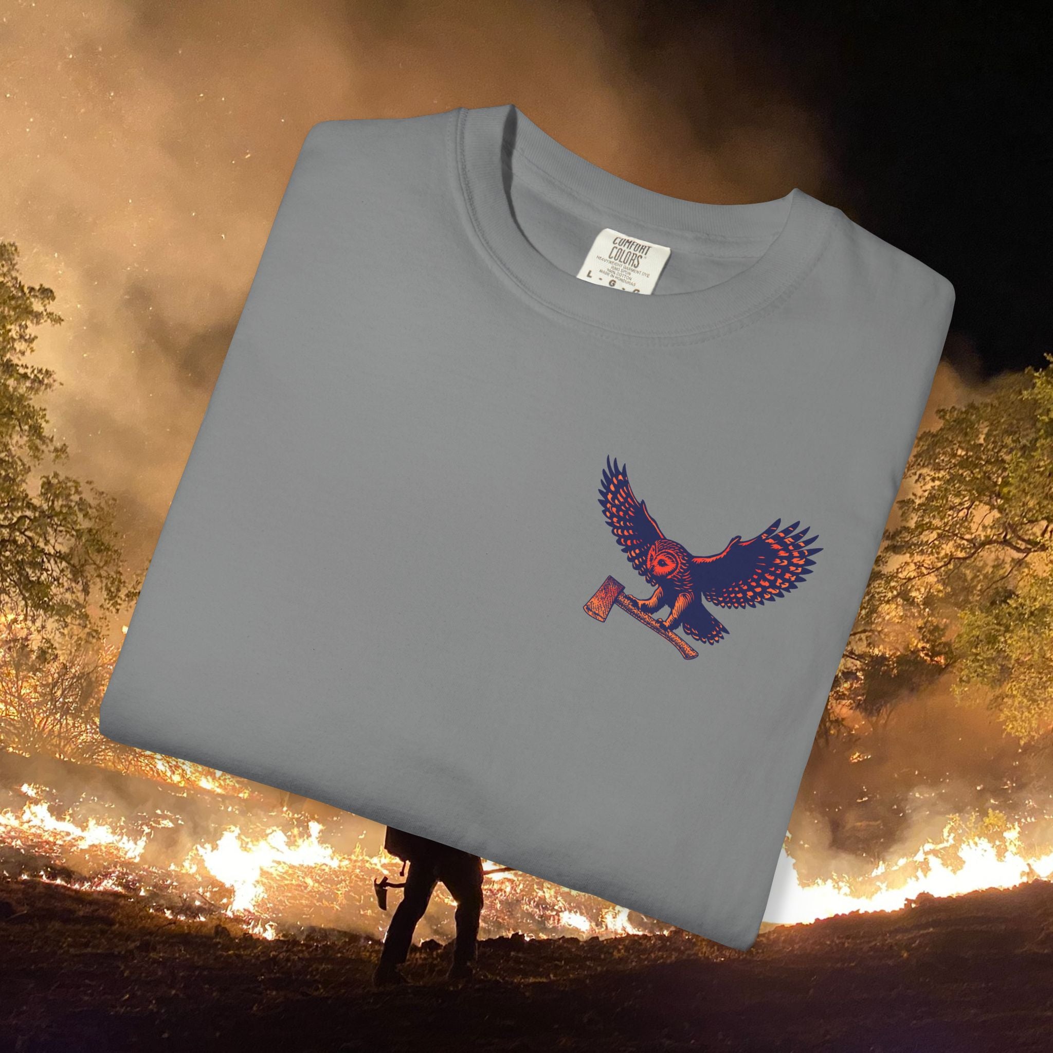 Motosierra Flying Owl T-Shirt - Unisex Garment-Dyed Tee with Bold Owl Design