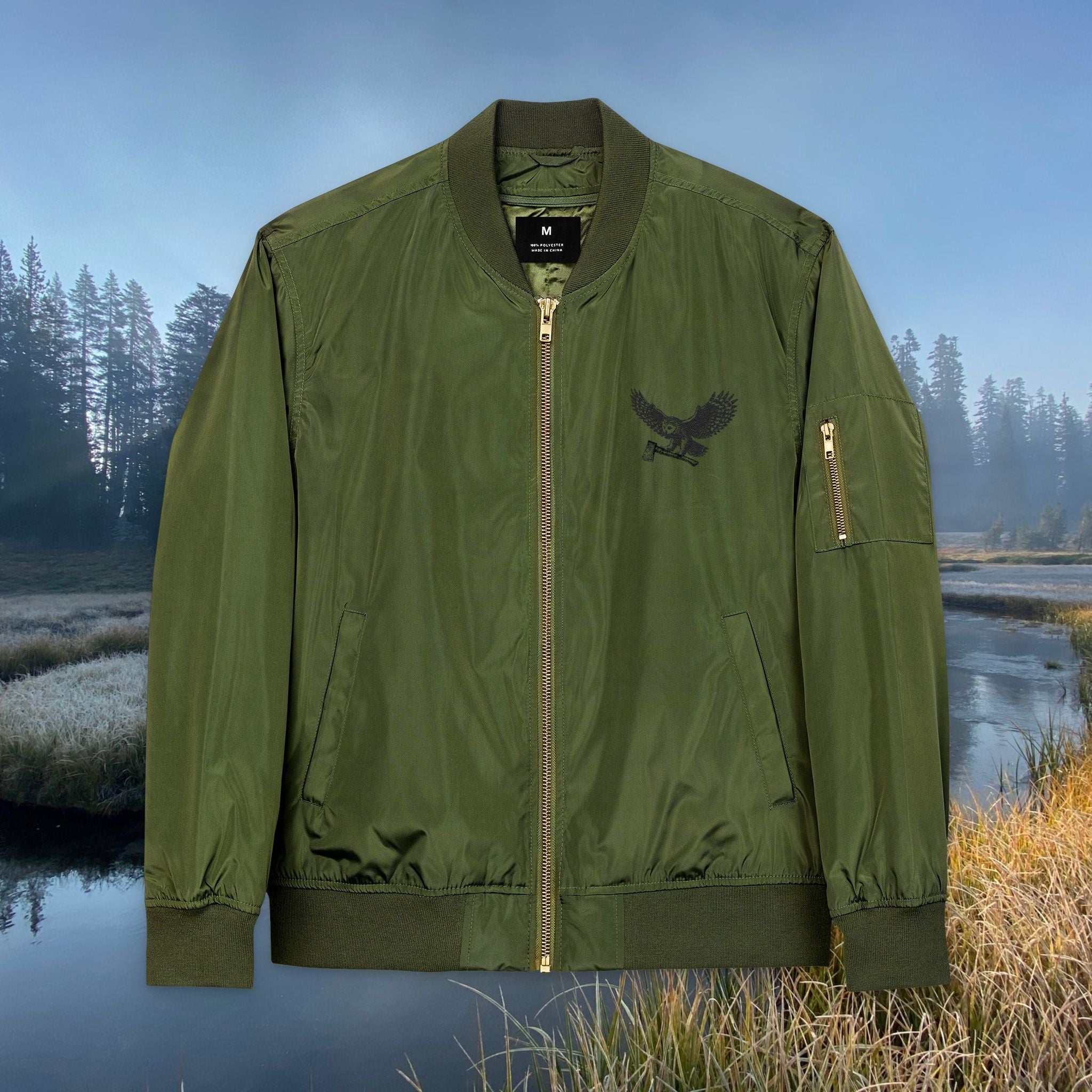WORLDWIDE SHIPPING  Unisex Eco-Friendly Embroidered Bomber Jacket, MotoSierra Owl Logo Unique Gift for Nature Lovers, Casual Wear, Unisex Style