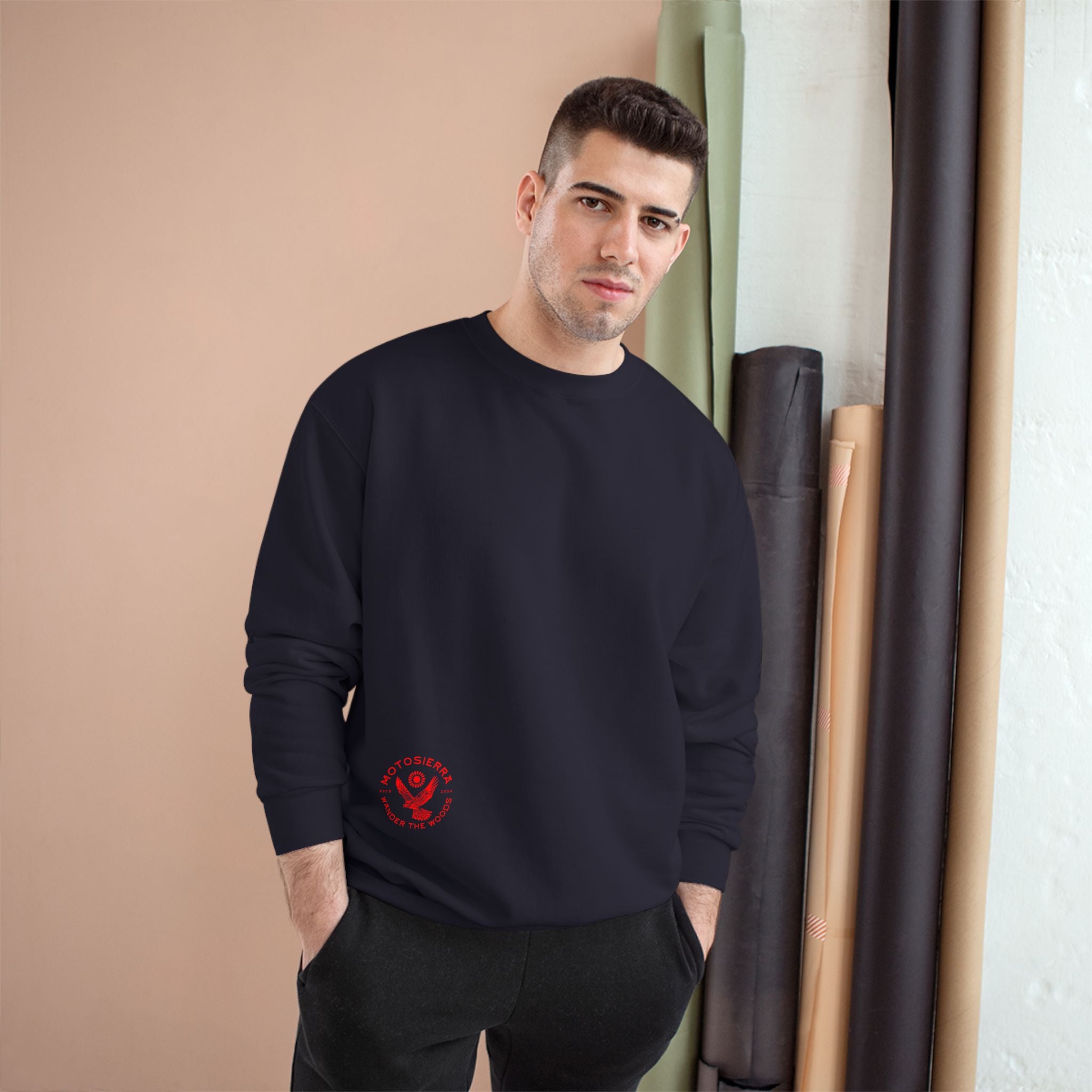 Offset Logo Champion Sweatshirt, Cozy Outdoor Apparel, Gift for Nature Lovers, Hiking and Camping Gear, Comfortable Layers