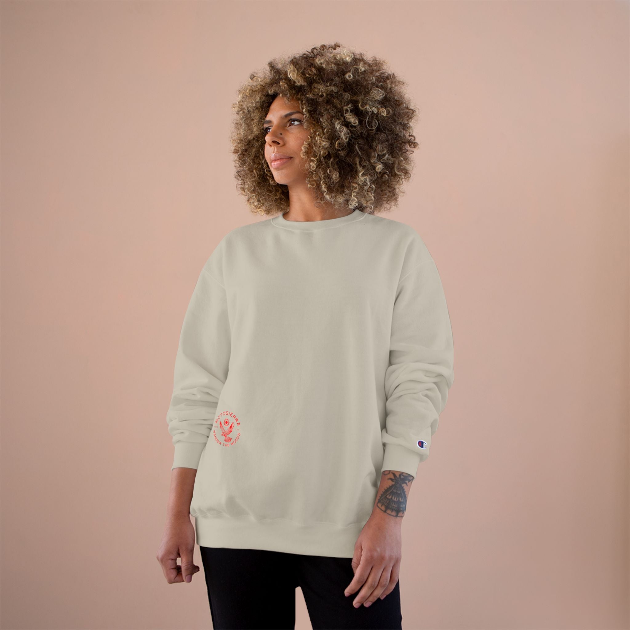 Offset Logo Champion Sweatshirt, Cozy Outdoor Apparel, Gift for Nature Lovers, Hiking and Camping Gear, Comfortable Layers