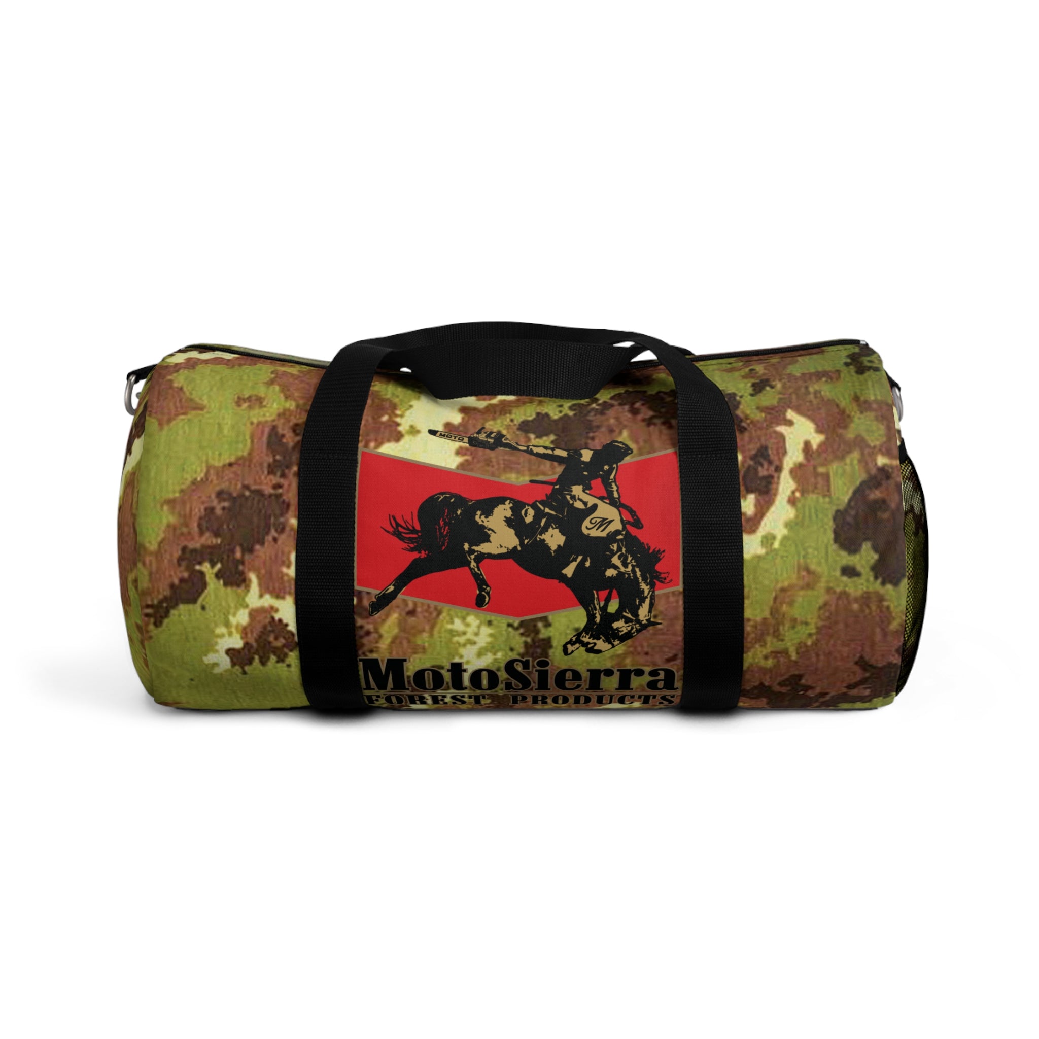 Mimetico Pattern Cowboy Logo Motosierra Adventure Duffel Bag - Perfect for Gym, Travel, Outdoor Activities, Gifts