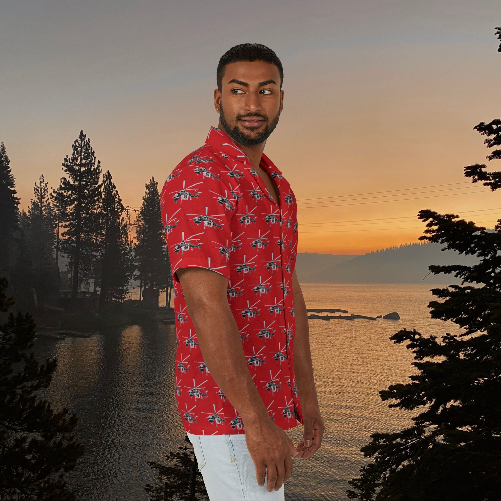 Sky Crane, Red Men's Hawaiian Shirt | Vacation Wear, Summer Shirt, Beach Party Outfit, Travel Gear, Casual Style