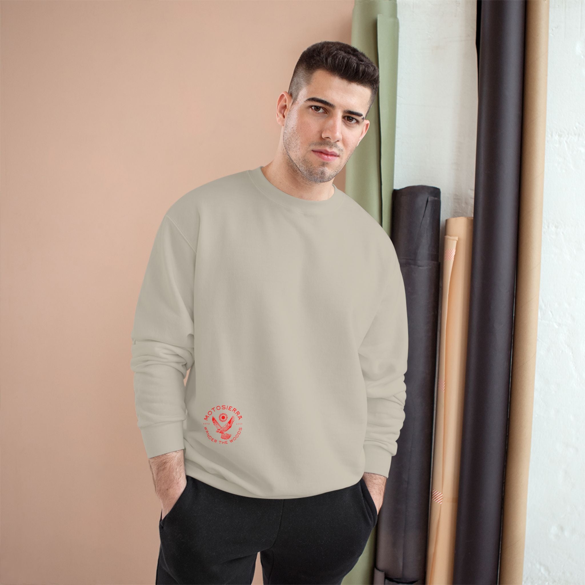 Offset Logo Champion Sweatshirt, Cozy Outdoor Apparel, Gift for Nature Lovers, Hiking and Camping Gear, Comfortable Layers