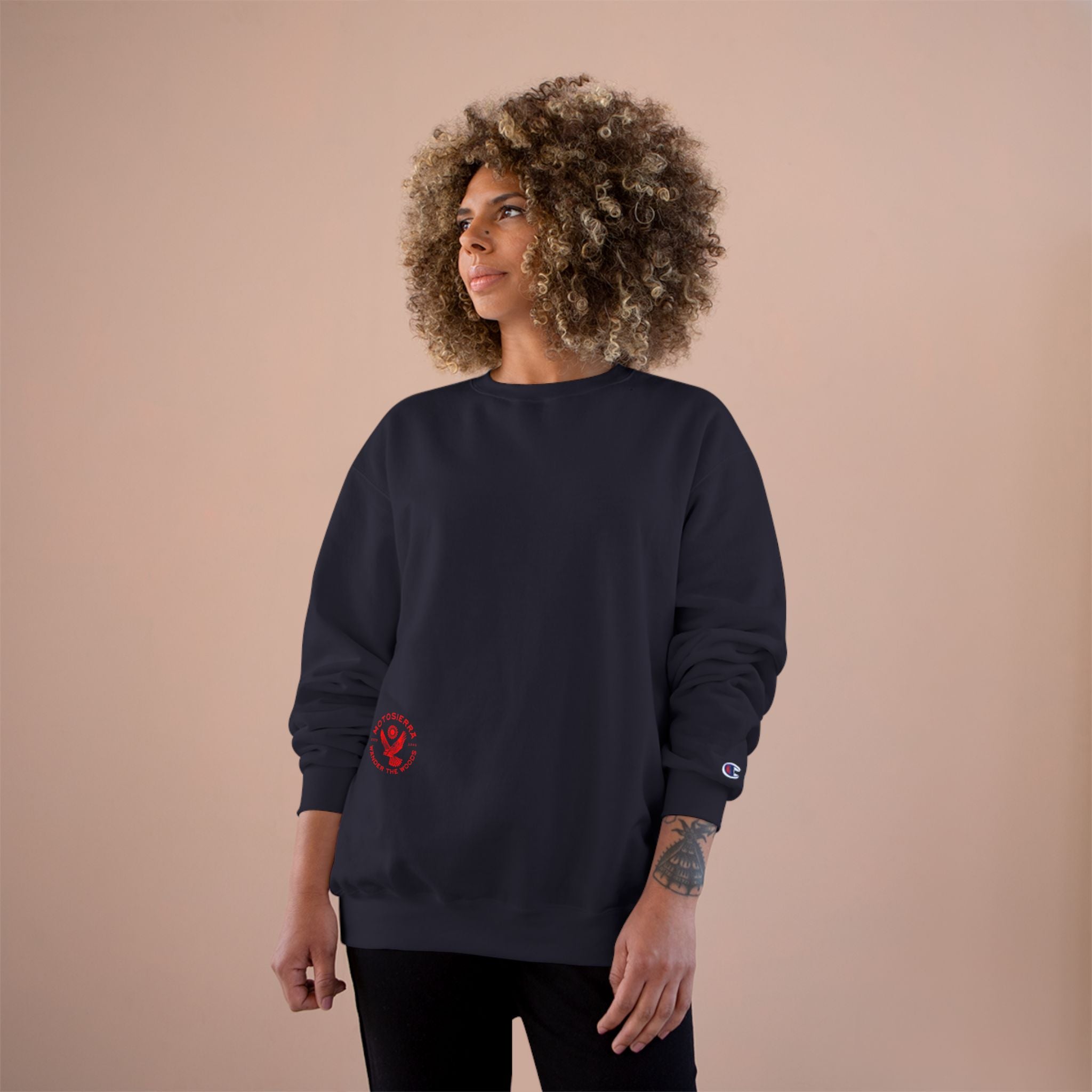 Offset Logo Champion Sweatshirt, Cozy Outdoor Apparel, Gift for Nature Lovers, Hiking and Camping Gear, Comfortable Layers
