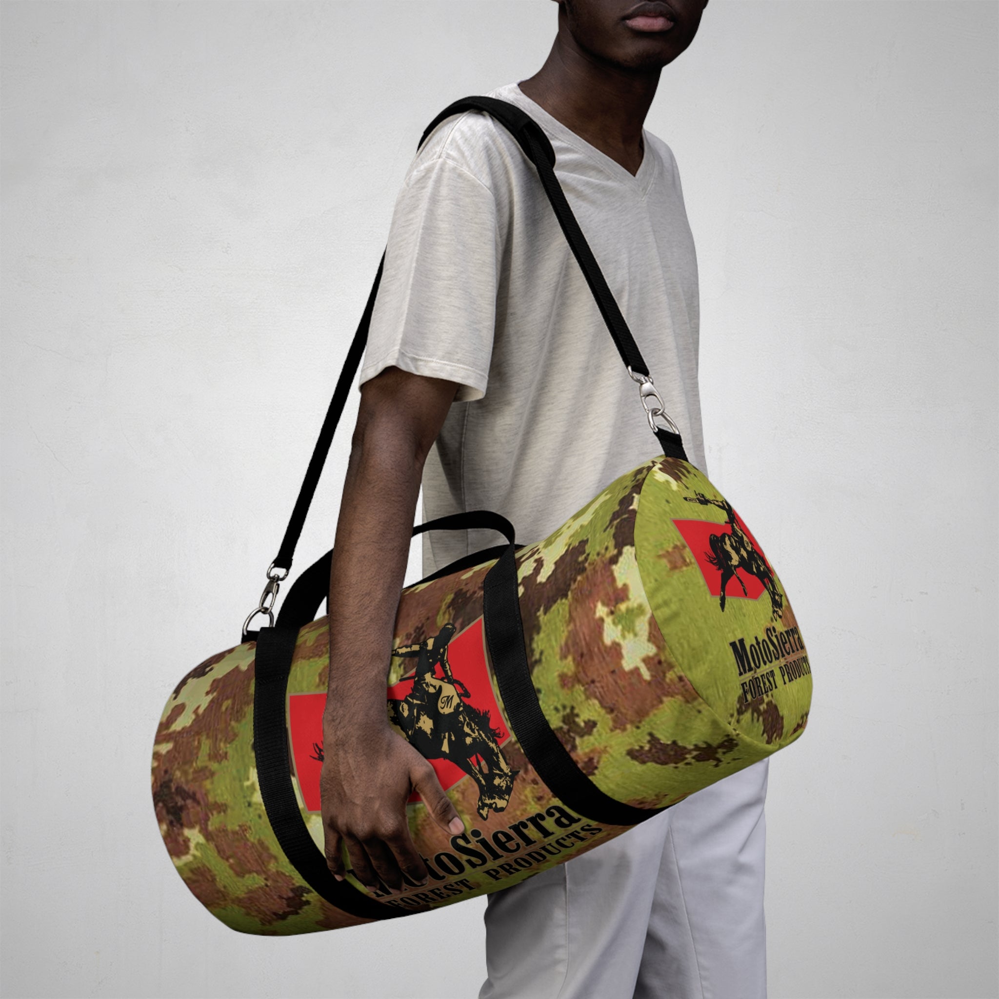 Mimetico Pattern Cowboy Logo Motosierra Adventure Duffel Bag - Perfect for Gym, Travel, Outdoor Activities, Gifts