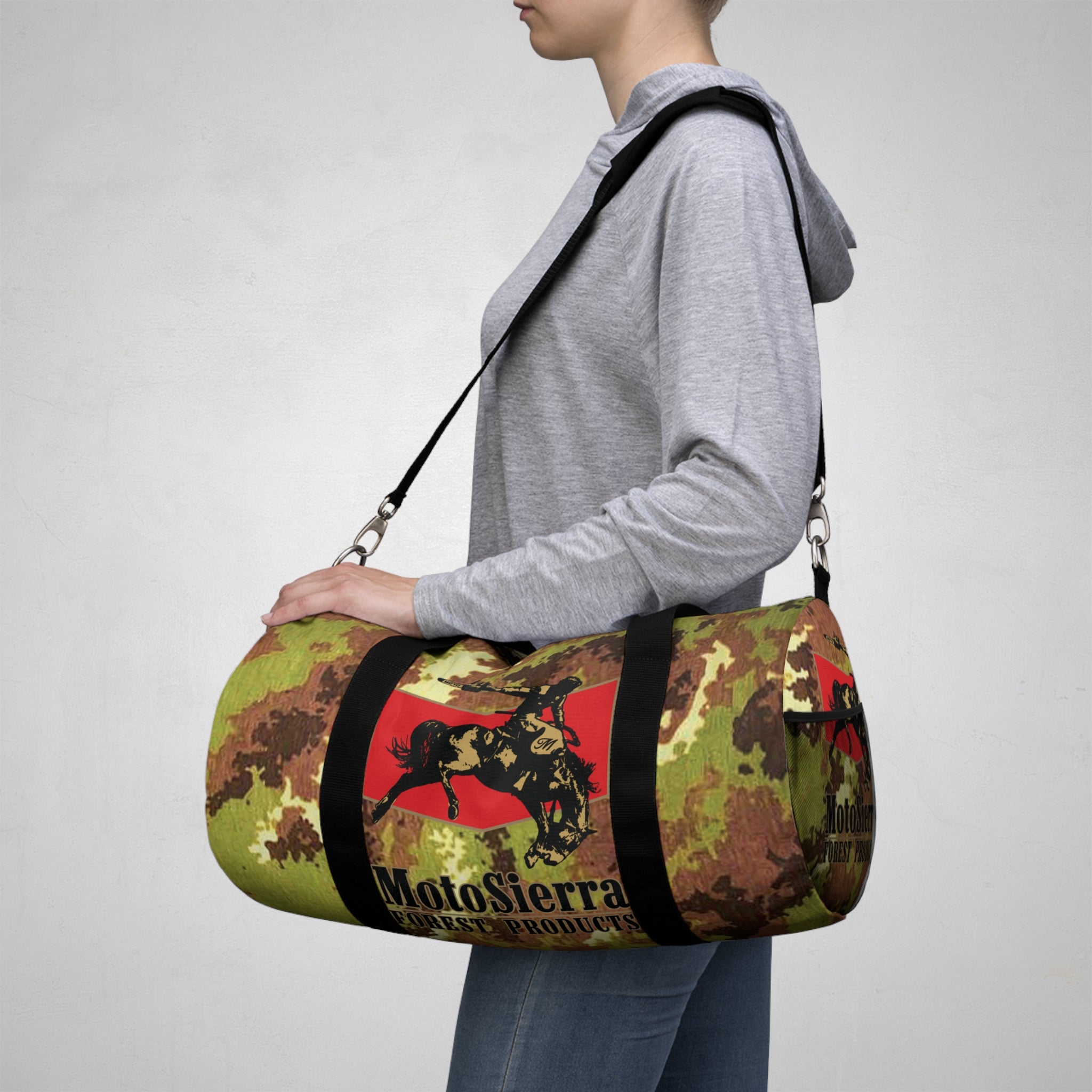 Mimetico Pattern Cowboy Logo Motosierra Adventure Duffel Bag - Perfect for Gym, Travel, Outdoor Activities, Gifts