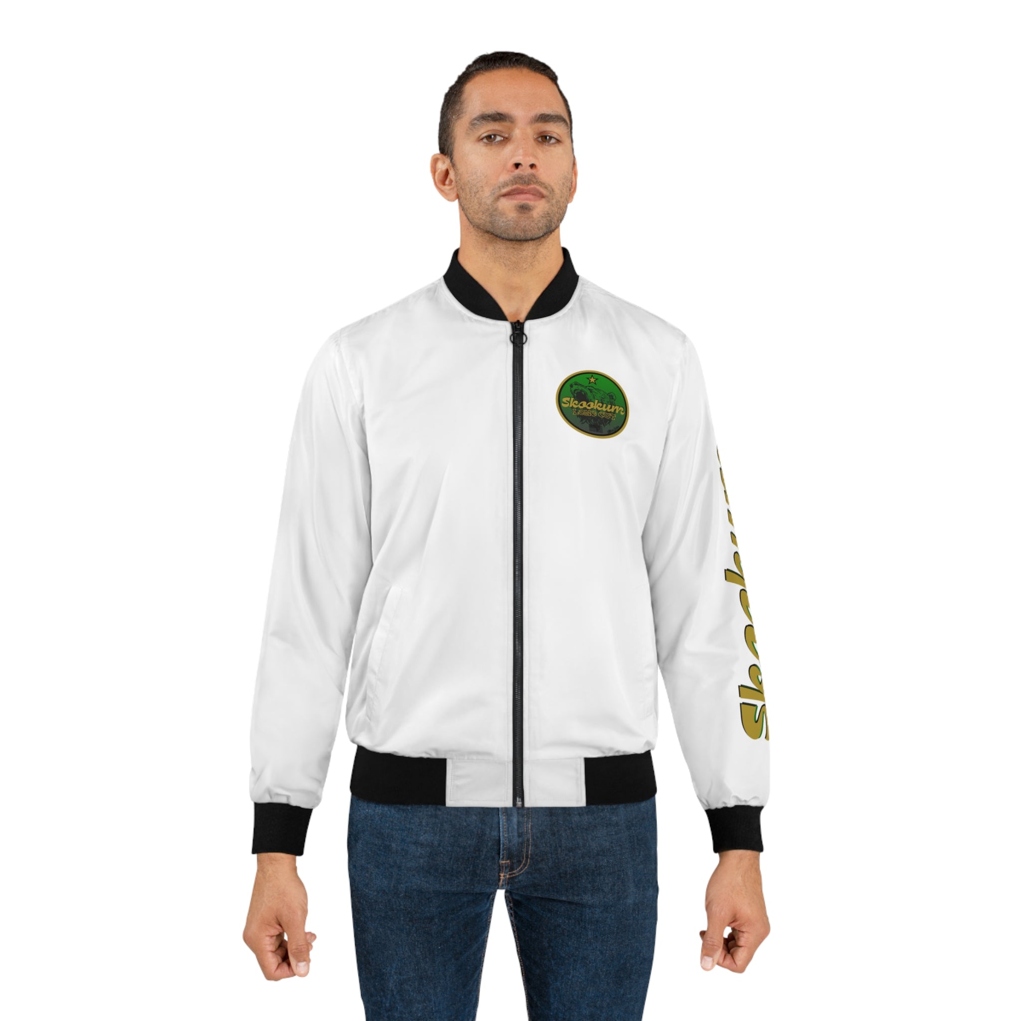 White Skookum Men's Bomber Jacket (AOP)