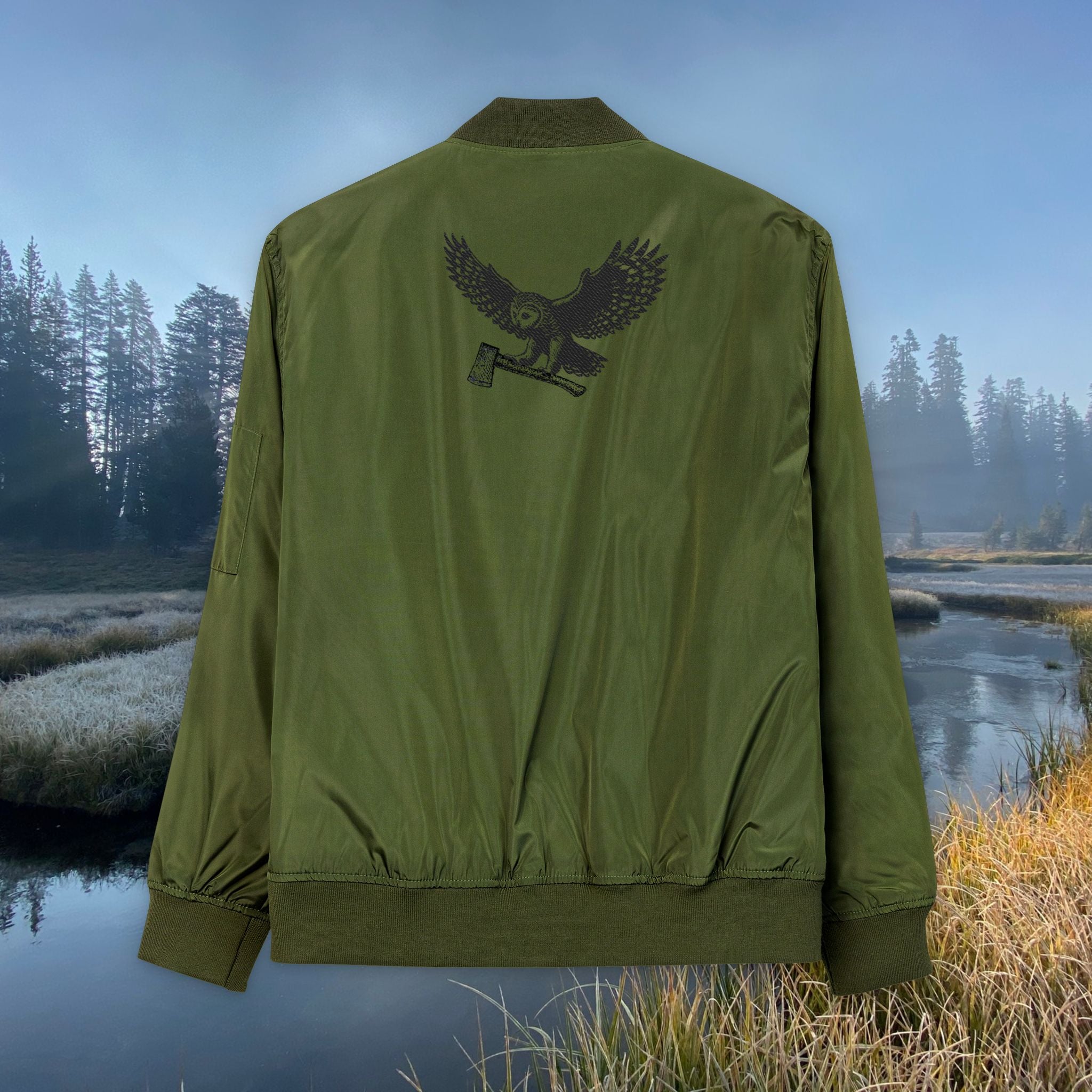 WORLDWIDE SHIPPING  Unisex Eco-Friendly Embroidered Bomber Jacket, MotoSierra Owl Logo Unique Gift for Nature Lovers, Casual Wear, Unisex Style