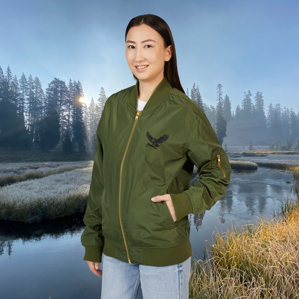 WORLDWIDE SHIPPING  Unisex Eco-Friendly Embroidered Bomber Jacket, MotoSierra Owl Logo Unique Gift for Nature Lovers, Casual Wear, Unisex Style