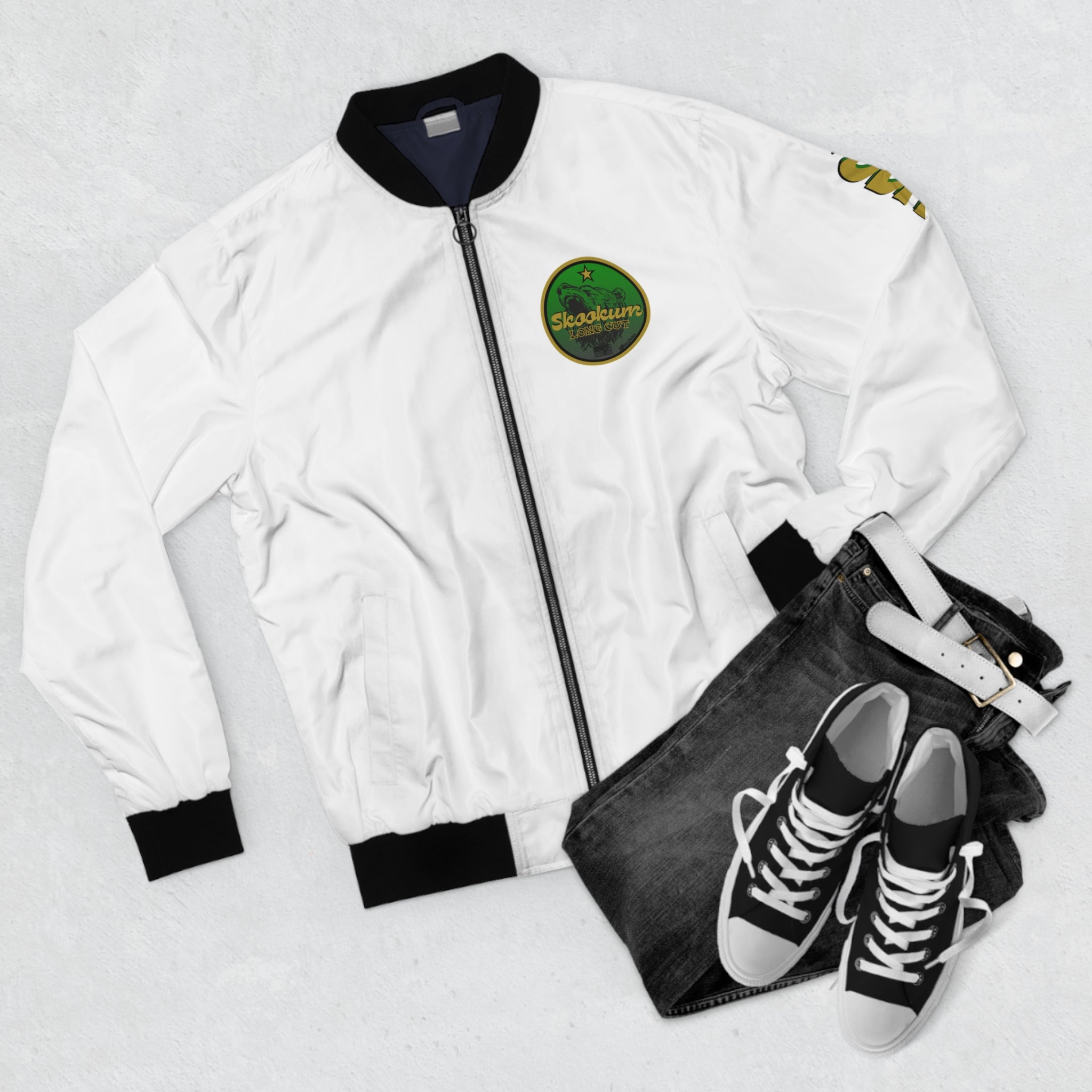 White Skookum Men's Bomber Jacket (AOP)