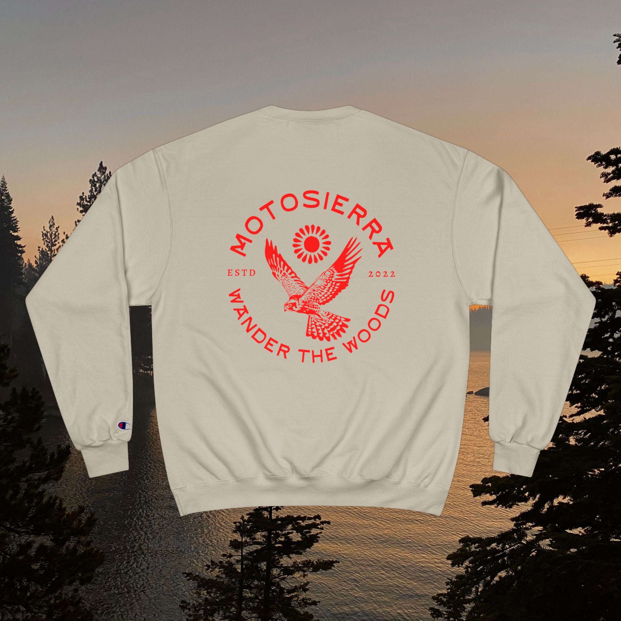 Offset Logo Champion Sweatshirt, Cozy Outdoor Apparel, Gift for Nature Lovers, Hiking and Camping Gear, Comfortable Layers
