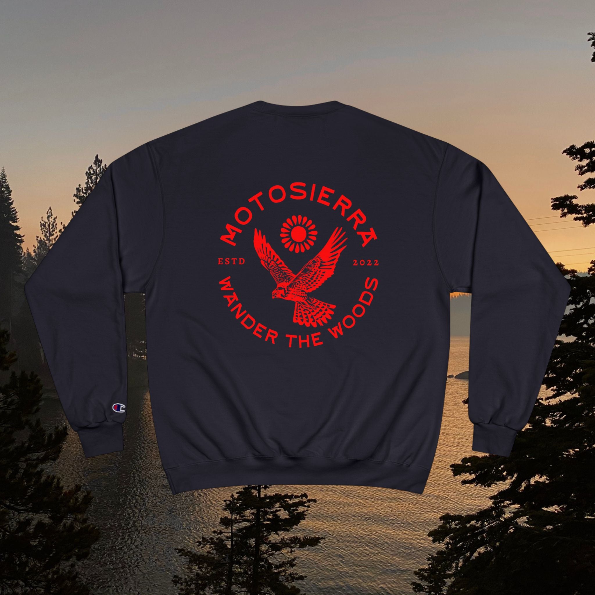 Offset Logo Champion Sweatshirt, Cozy Outdoor Apparel, Gift for Nature Lovers, Hiking and Camping Gear, Comfortable Layers