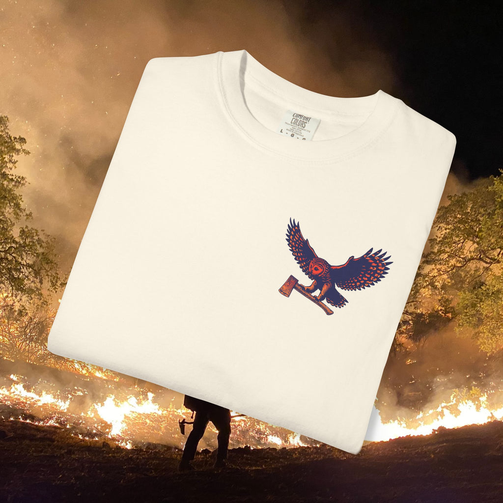 Motosierra Flying Owl T-Shirt - Unisex Garment-Dyed Tee with Bold Owl Design