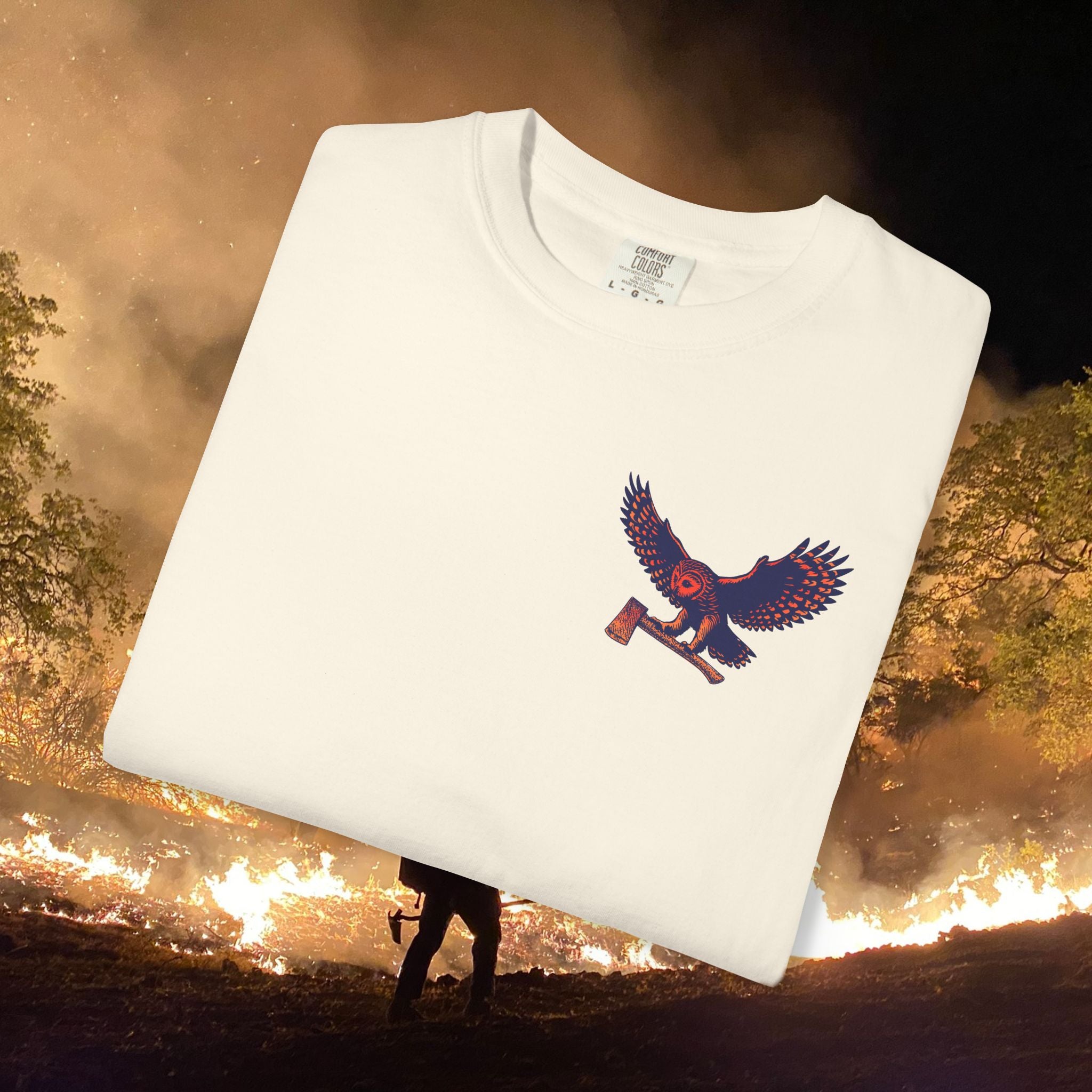Motosierra Flying Owl T-Shirt - Unisex Garment-Dyed Tee with Bold Owl Design
