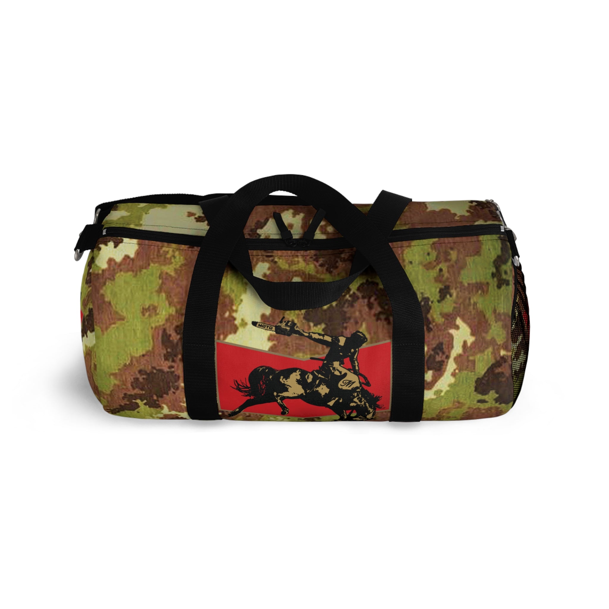 Mimetico Pattern Cowboy Logo Motosierra Adventure Duffel Bag - Perfect for Gym, Travel, Outdoor Activities, Gifts
