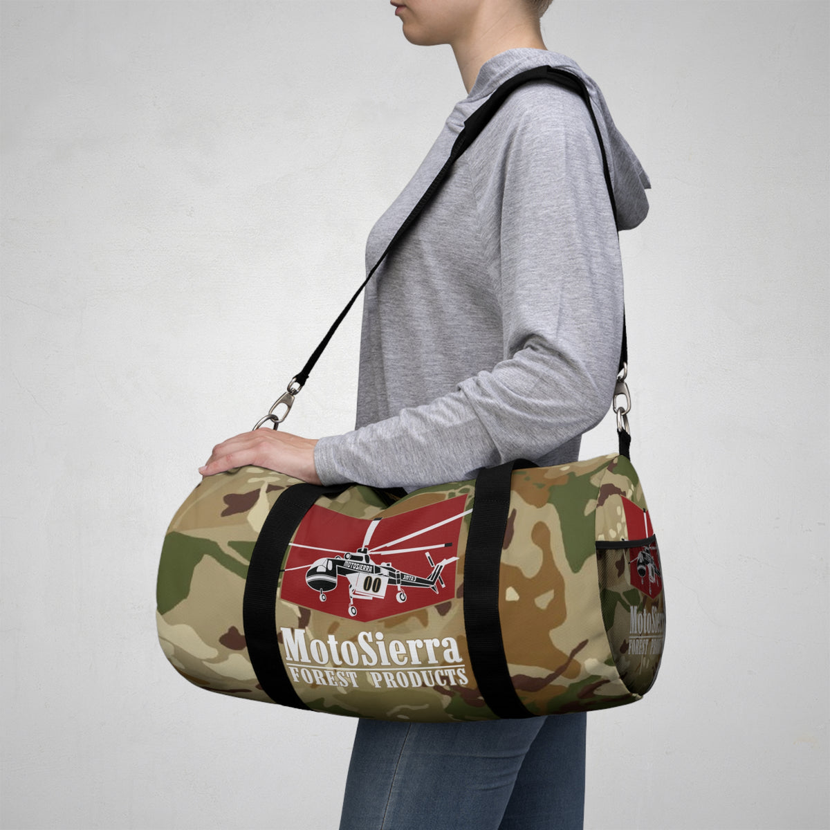 High Desert Camo Crane Logo Motosierra Adventure Duffel Bag - Perfect for Gym, Travel, Outdoor Activities, Weekend Getaway, Gifts