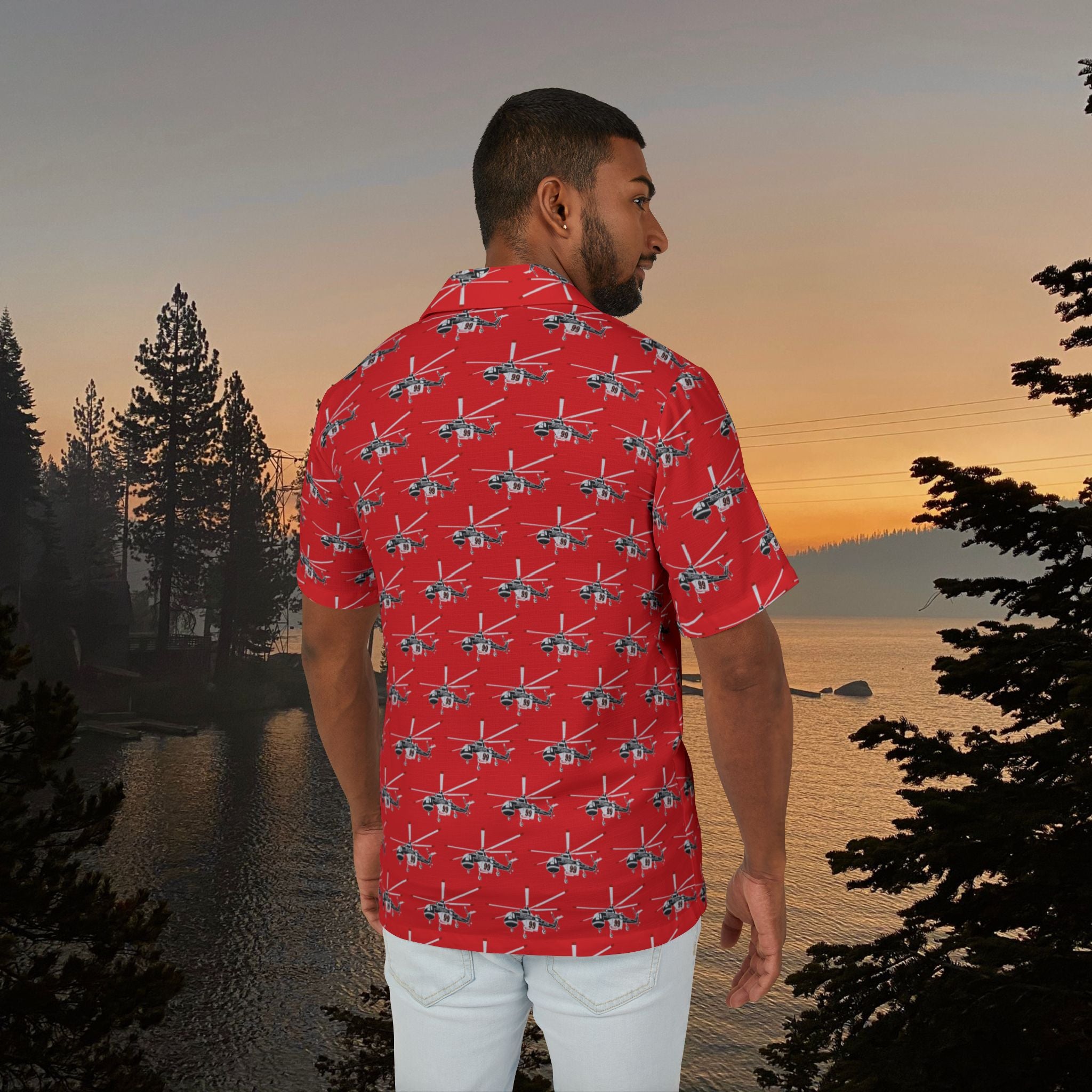 Sky Crane, Red Men's Hawaiian Shirt | Vacation Wear, Summer Shirt, Beach Party Outfit, Travel Gear, Casual Style