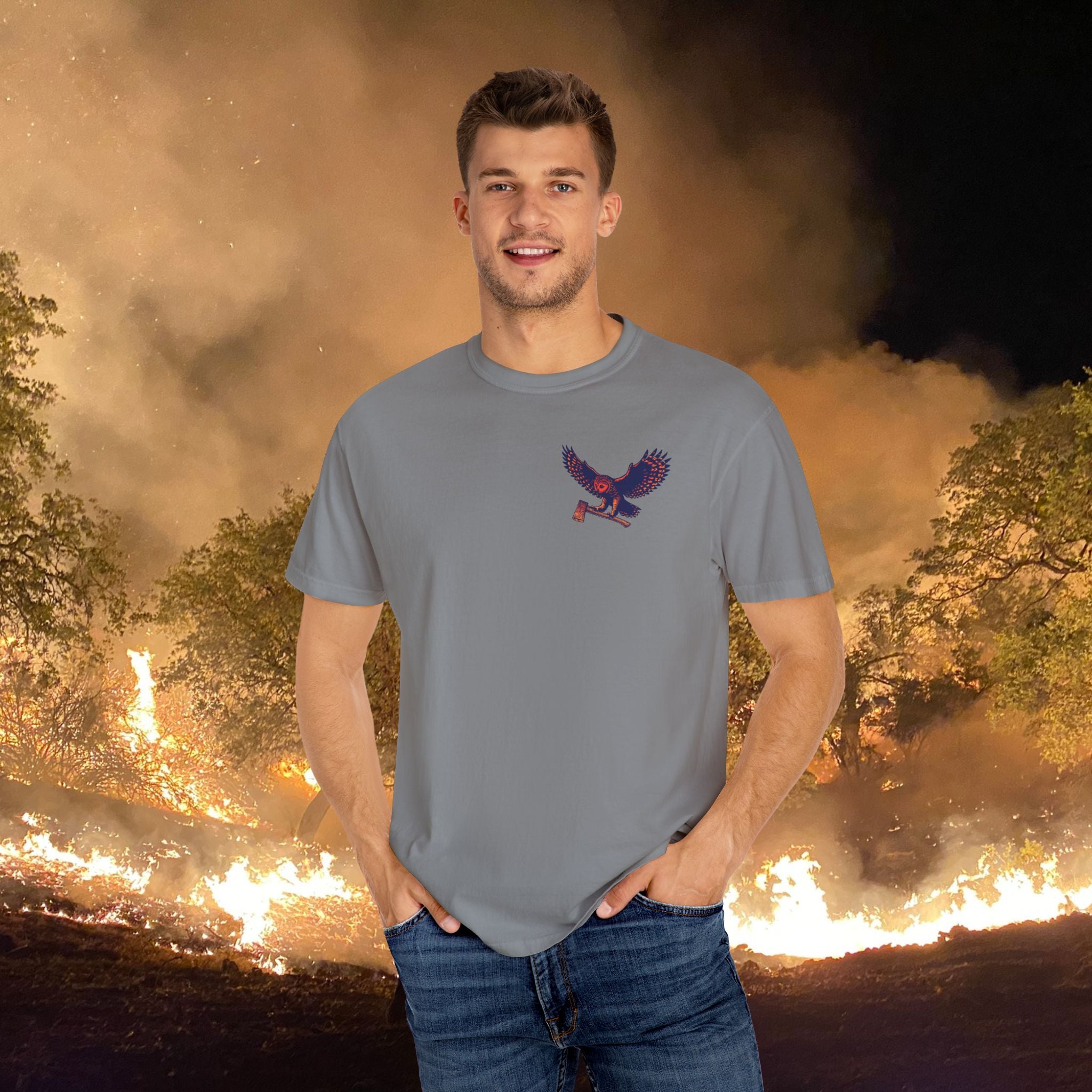 Motosierra Flying Owl T-Shirt - Unisex Garment-Dyed Tee with Bold Owl Design