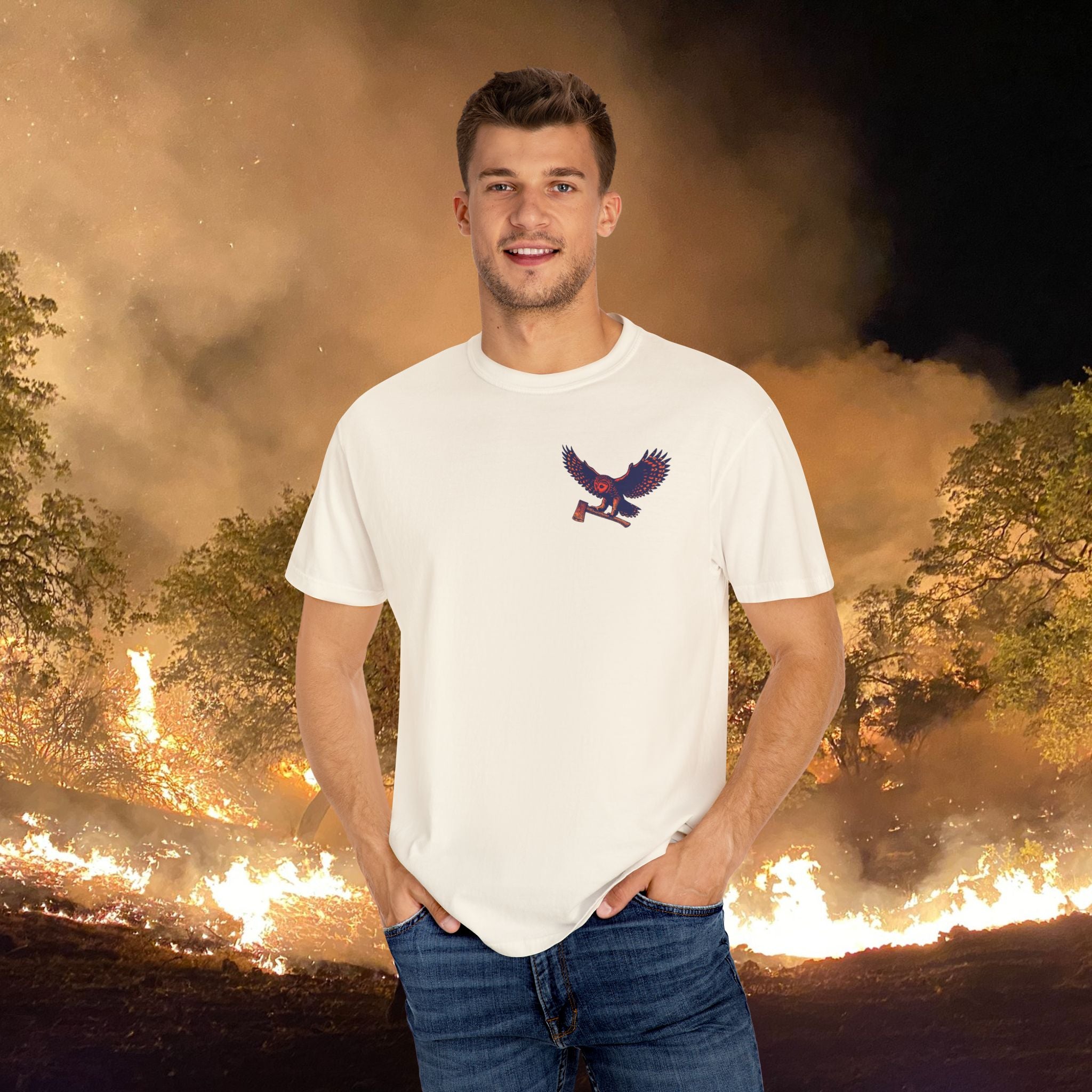 Motosierra Flying Owl T-Shirt - Unisex Garment-Dyed Tee with Bold Owl Design