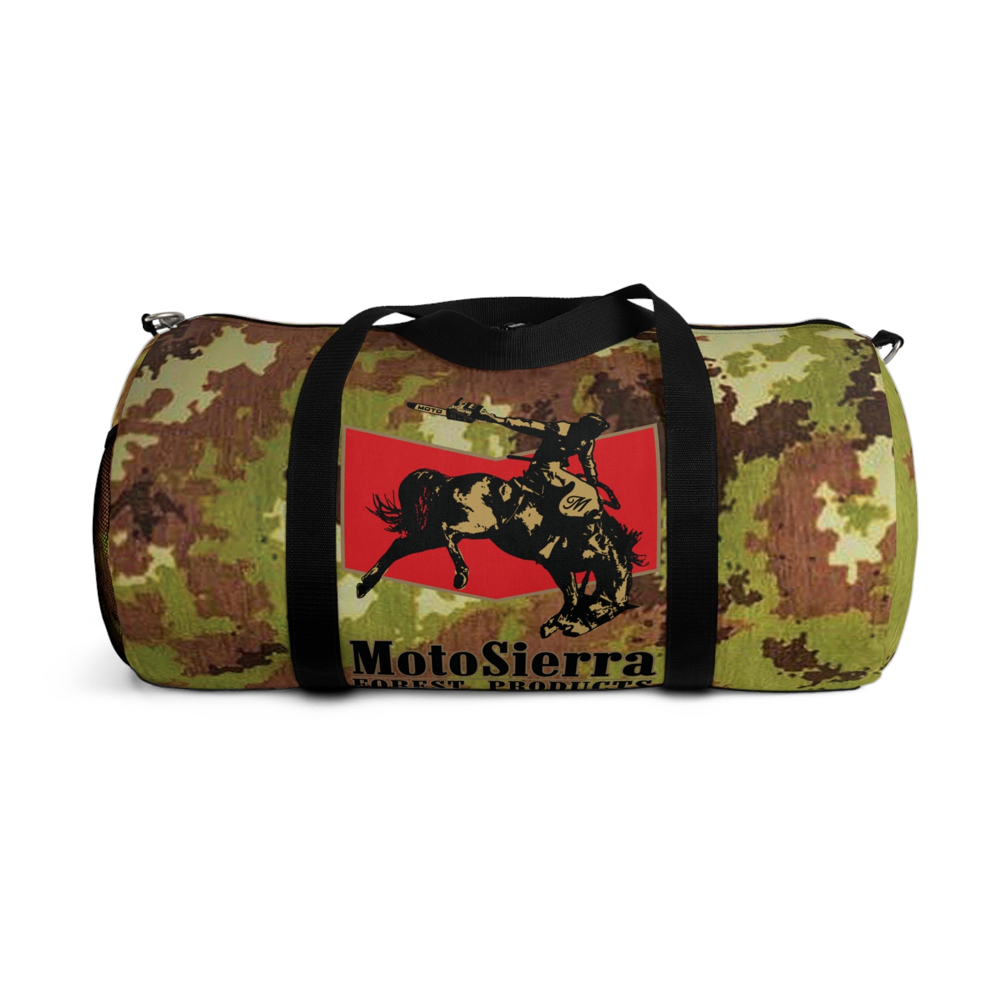 Mimetico Pattern Cowboy Logo Motosierra Adventure Duffel Bag - Perfect for Gym, Travel, Outdoor Activities, Gifts