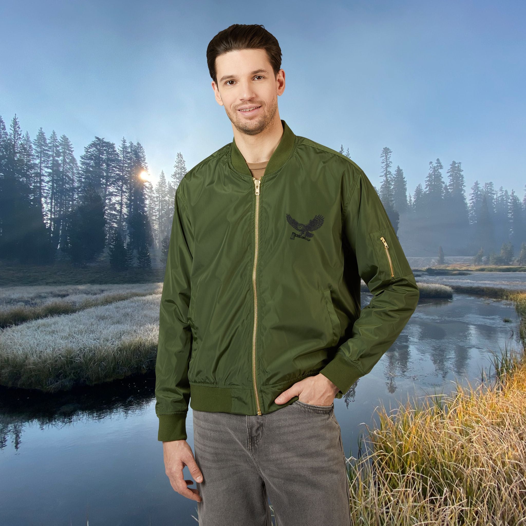 WORLDWIDE SHIPPING  Unisex Eco-Friendly Embroidered Bomber Jacket, MotoSierra Owl Logo Unique Gift for Nature Lovers, Casual Wear, Unisex Style