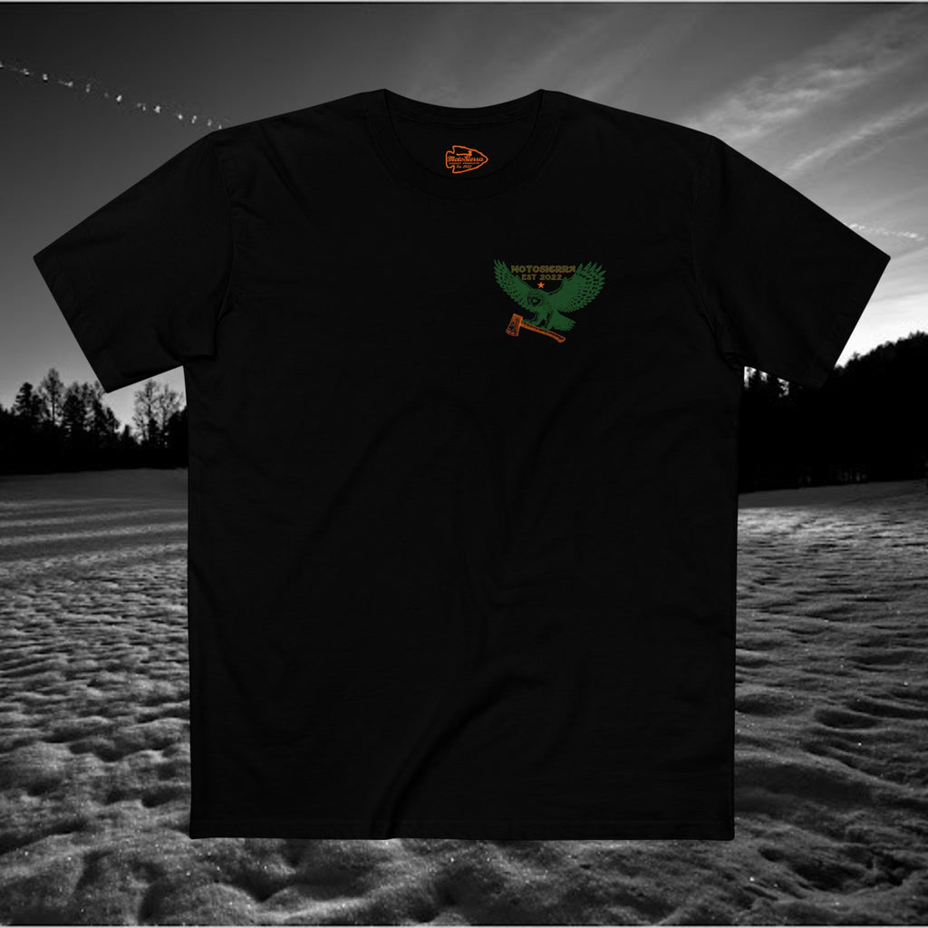 Nippon Men's Staple Tee. MotoSierra Japan, chainsaw schematic with falling instructions.