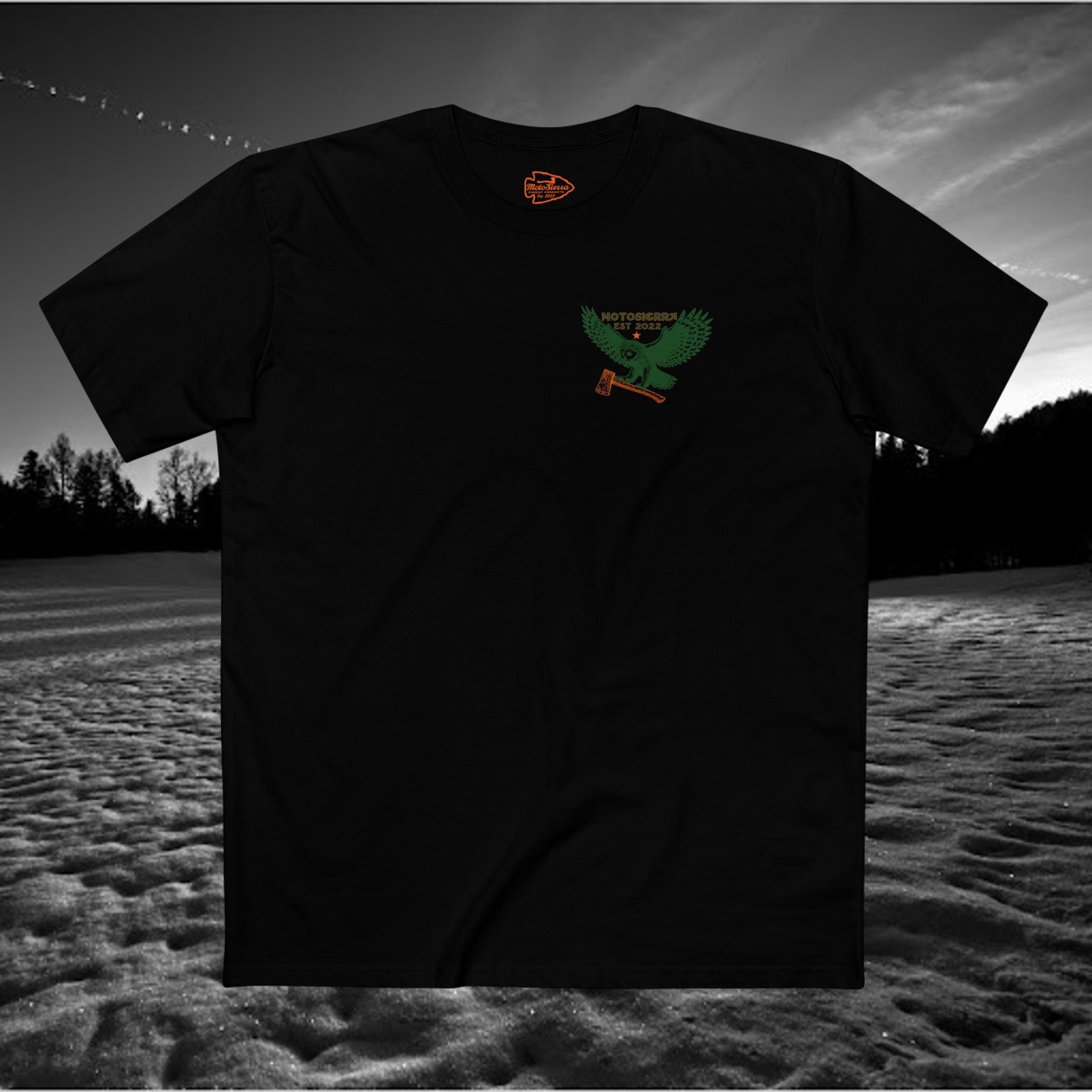 Nippon Men's Staple Tee. MotoSierra Japan, chainsaw schematic with falling instructions.