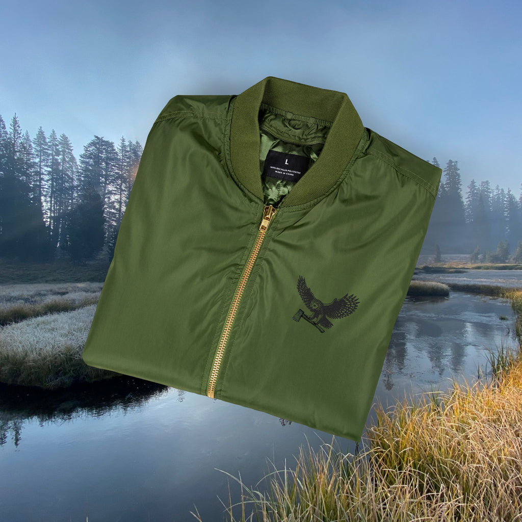WORLDWIDE SHIPPING  Unisex Eco-Friendly Embroidered Bomber Jacket, MotoSierra Owl Logo Unique Gift for Nature Lovers, Casual Wear, Unisex Style
