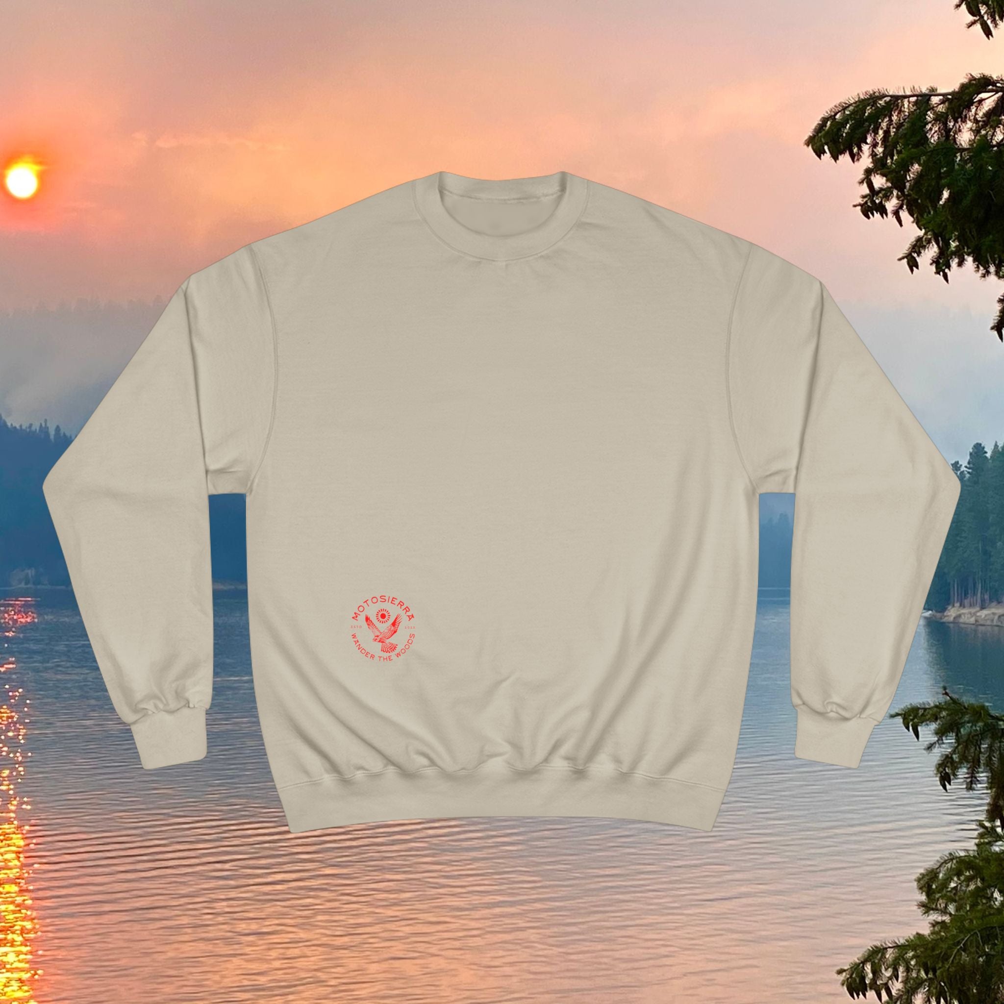 Offset Logo Champion Sweatshirt, Cozy Outdoor Apparel, Gift for Nature Lovers, Hiking and Camping Gear, Comfortable Layers