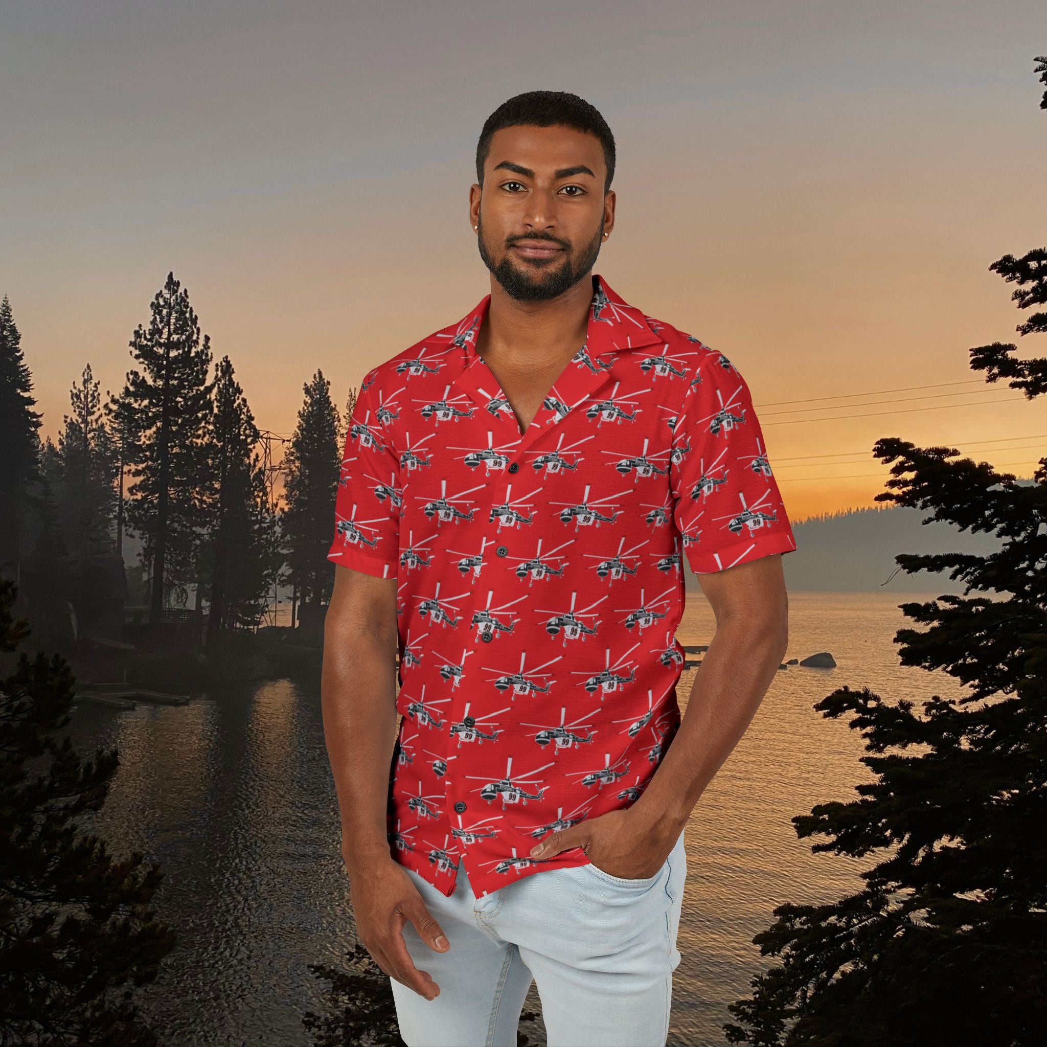 Sky Crane, Red Men's Hawaiian Shirt | Vacation Wear, Summer Shirt, Beach Party Outfit, Travel Gear, Casual Style