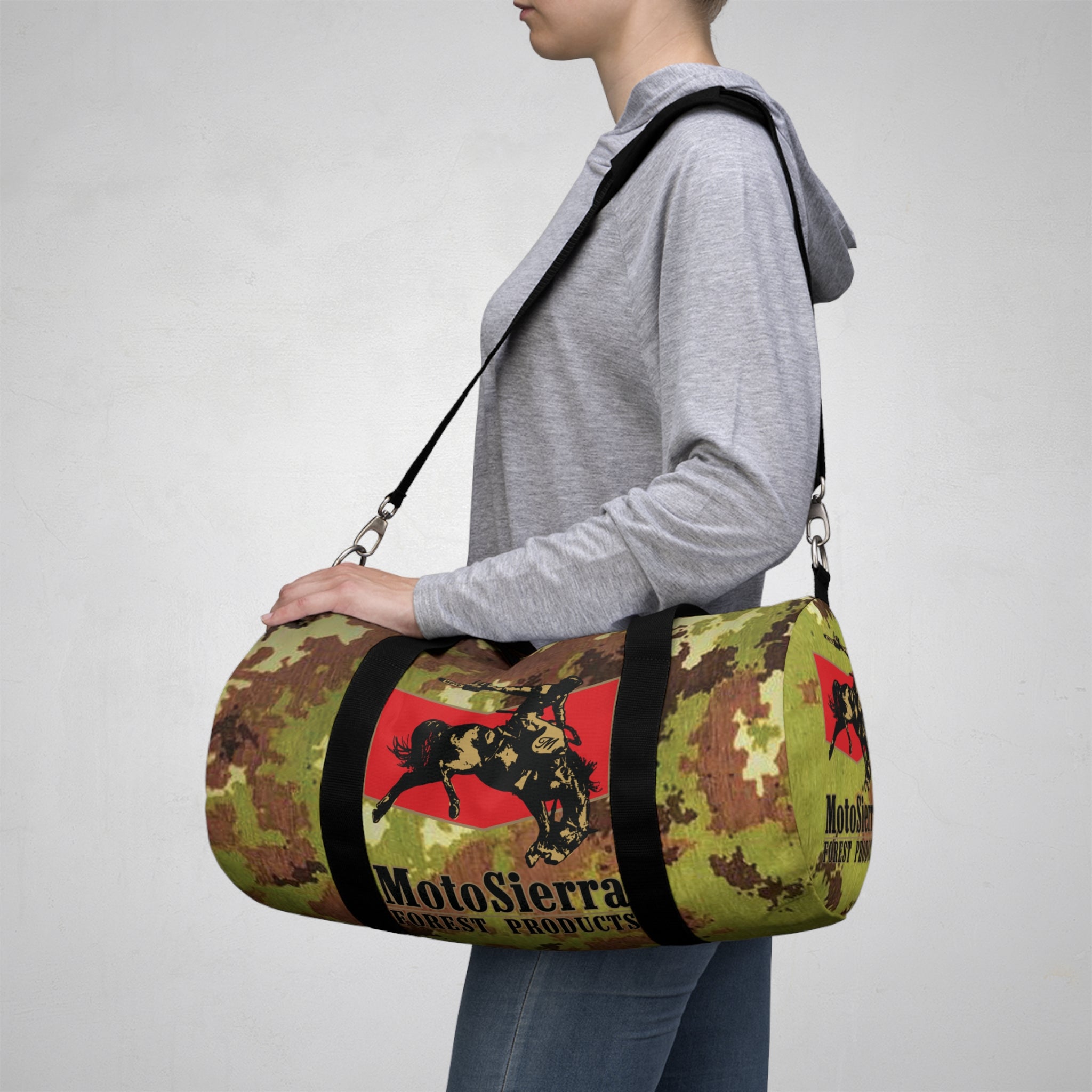 Mimetico Pattern Cowboy Logo Motosierra Adventure Duffel Bag - Perfect for Gym, Travel, Outdoor Activities, Gifts