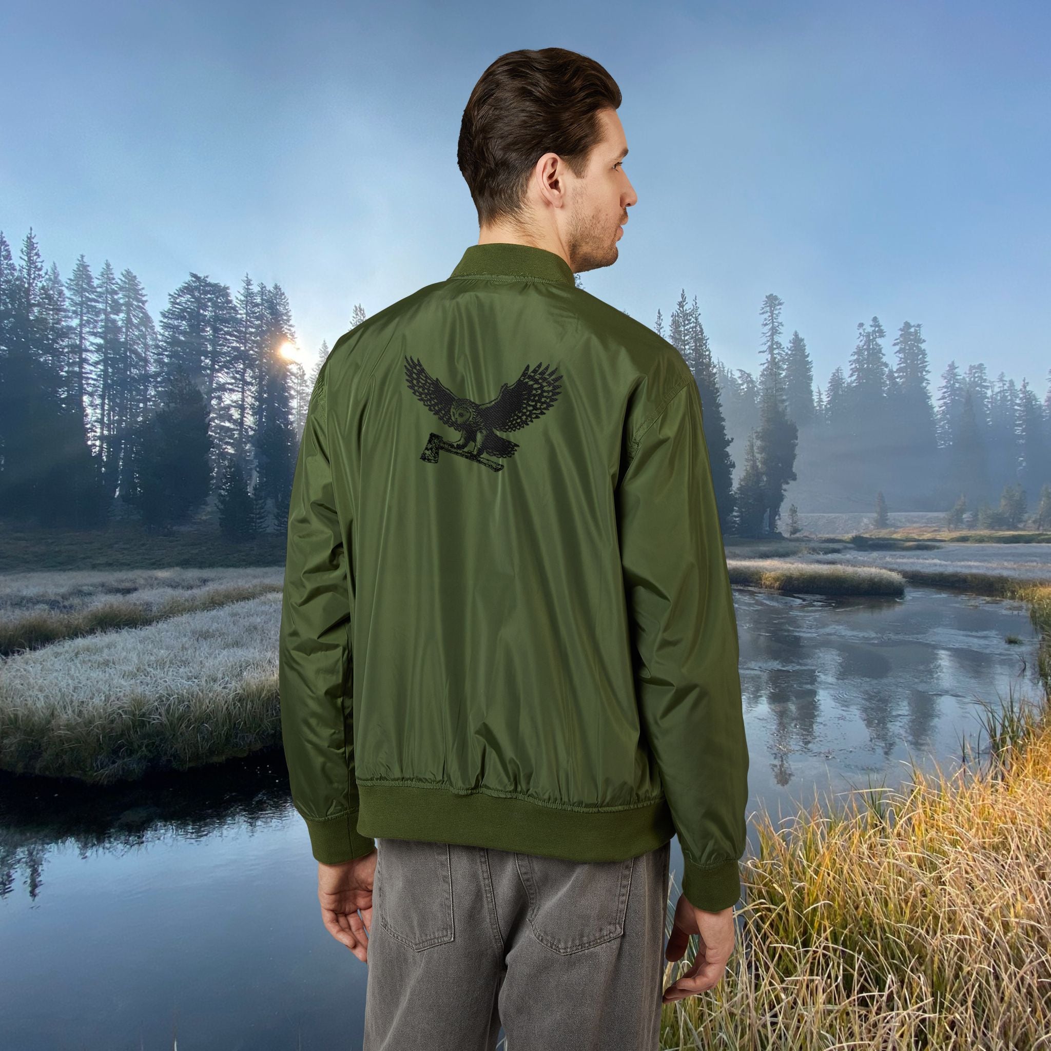WORLDWIDE SHIPPING  Unisex Eco-Friendly Embroidered Bomber Jacket, MotoSierra Owl Logo Unique Gift for Nature Lovers, Casual Wear, Unisex Style