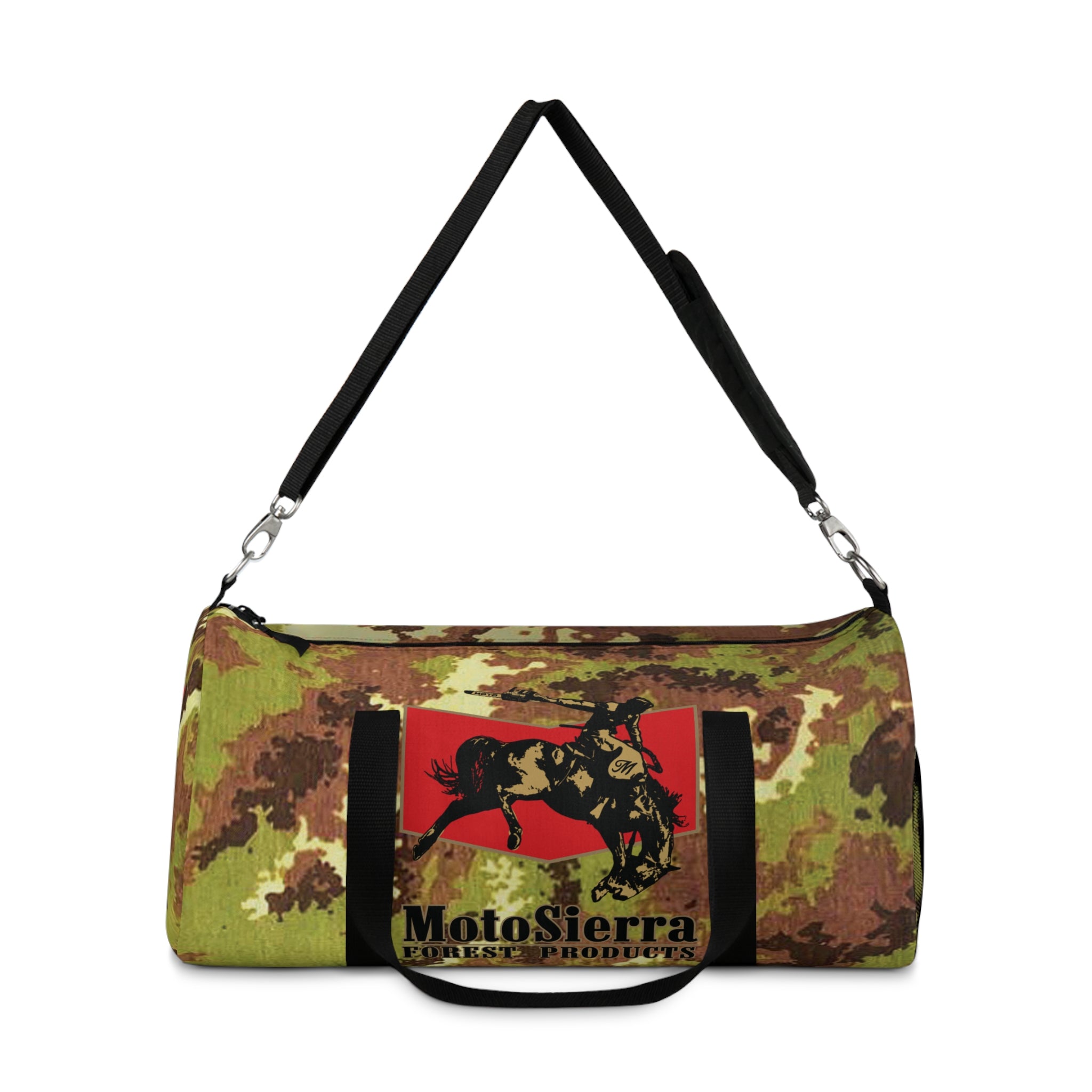 Mimetico Pattern Cowboy Logo Motosierra Adventure Duffel Bag - Perfect for Gym, Travel, Outdoor Activities, Gifts