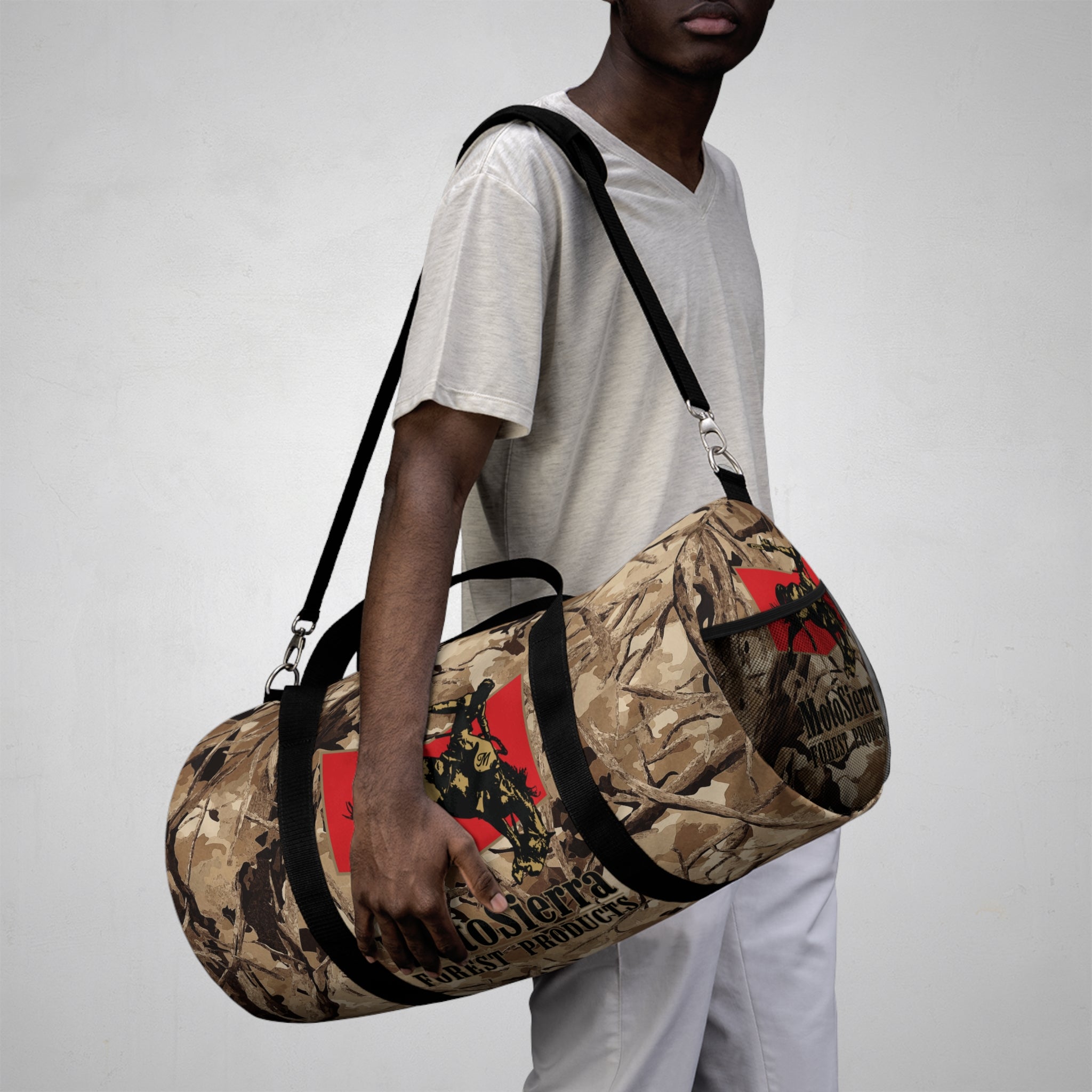 Desert Pattern Cowboy Logo Motosierra Adventure Duffel Bag - Perfect for Gym, Travel, Outdoor Activities, Gifts