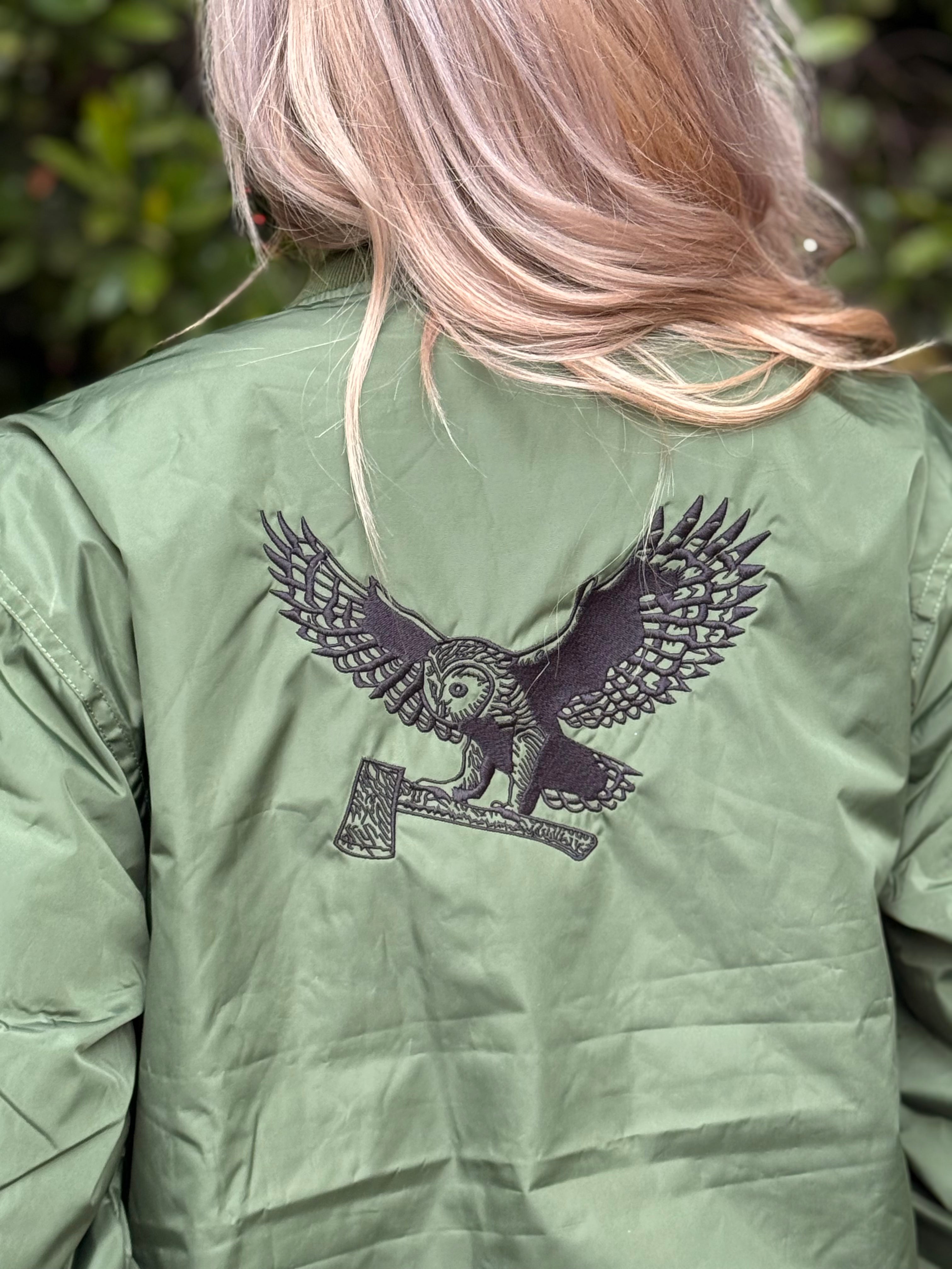 WORLDWIDE SHIPPING  Unisex Eco-Friendly Embroidered Bomber Jacket, MotoSierra Owl Logo Unique Gift for Nature Lovers, Casual Wear, Unisex Style