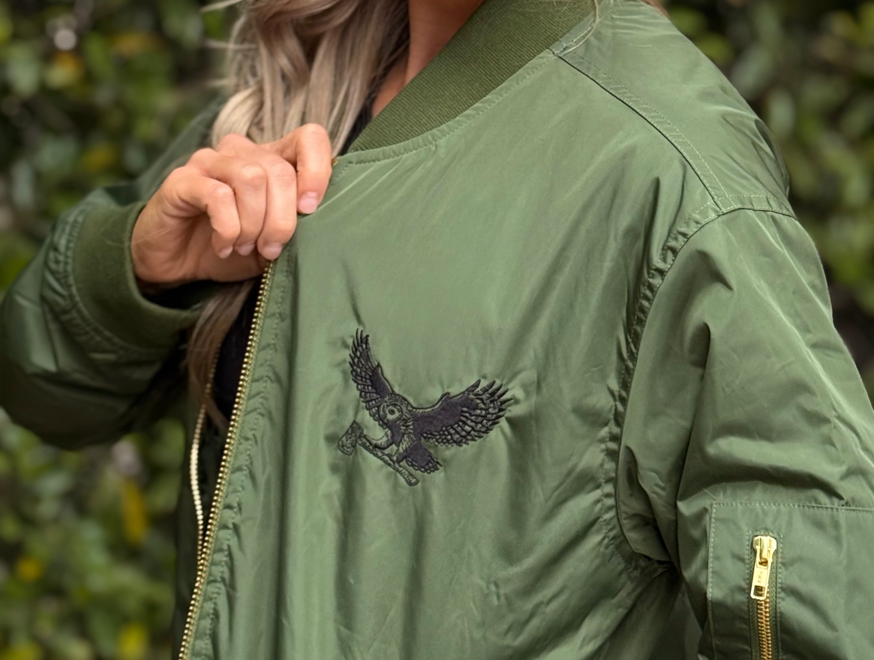 WORLDWIDE SHIPPING  Unisex Eco-Friendly Embroidered Bomber Jacket, MotoSierra Owl Logo Unique Gift for Nature Lovers, Casual Wear, Unisex Style