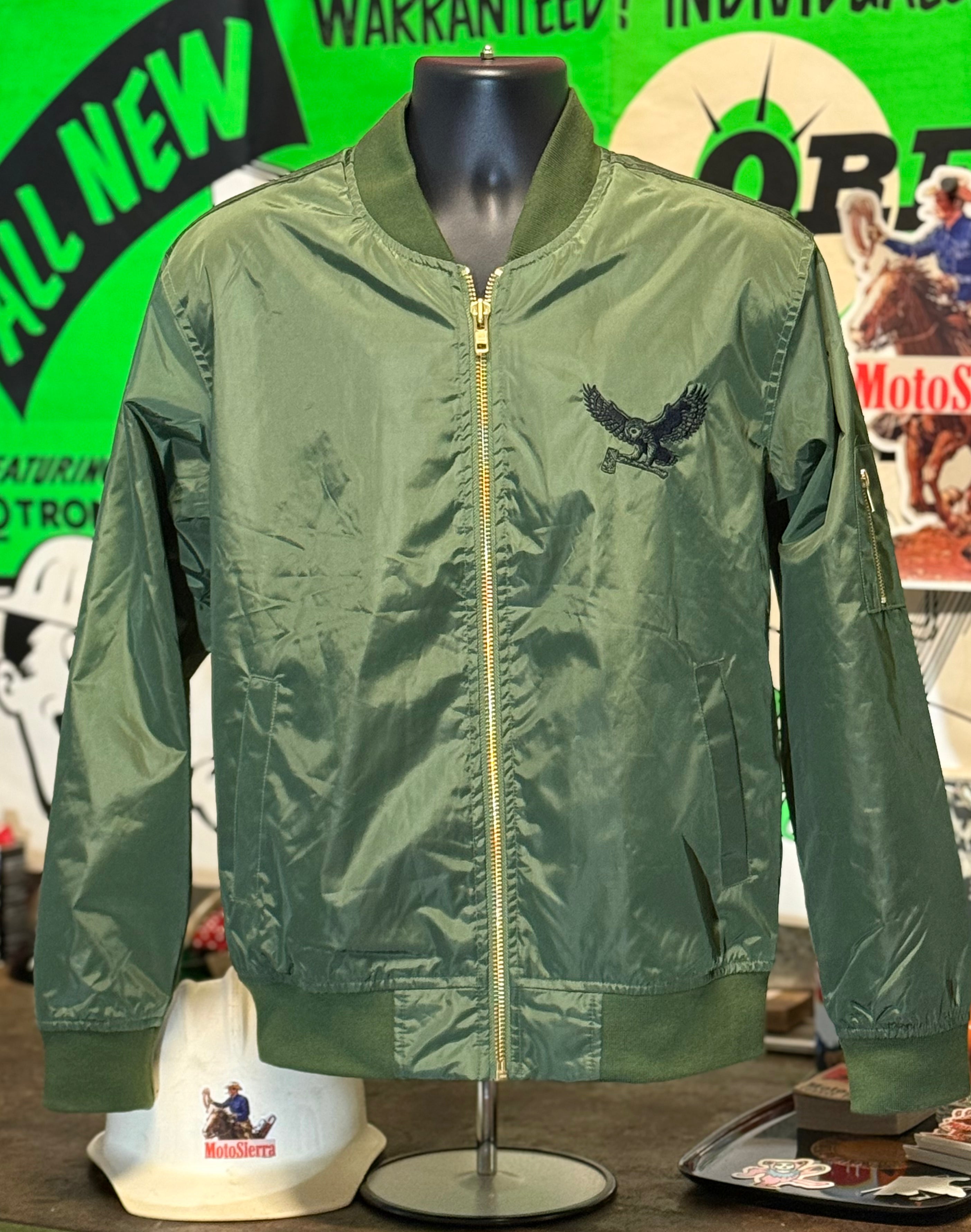 WORLDWIDE SHIPPING  Unisex Eco-Friendly Embroidered Bomber Jacket, MotoSierra Owl Logo Unique Gift for Nature Lovers, Casual Wear, Unisex Style